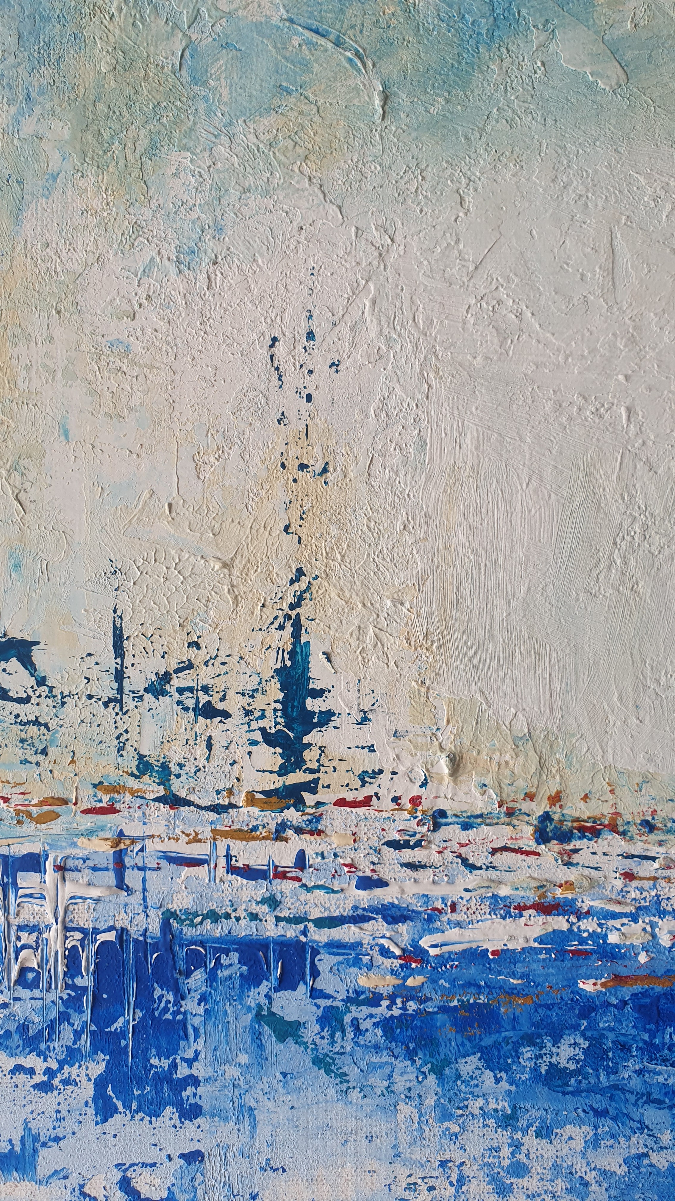 A textured seascape painting featuring a harbor scene with boats under a cloudy sky.