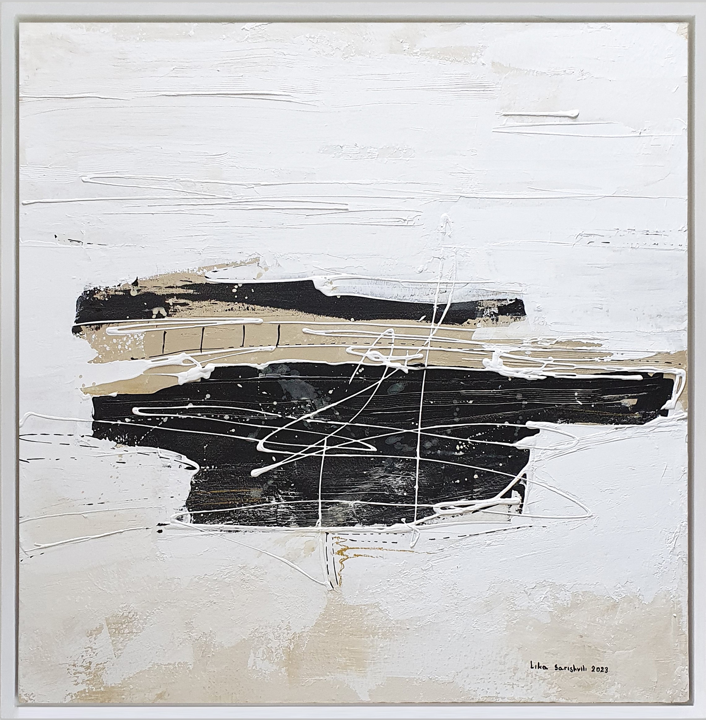 A painting with black and white paint on a white background.