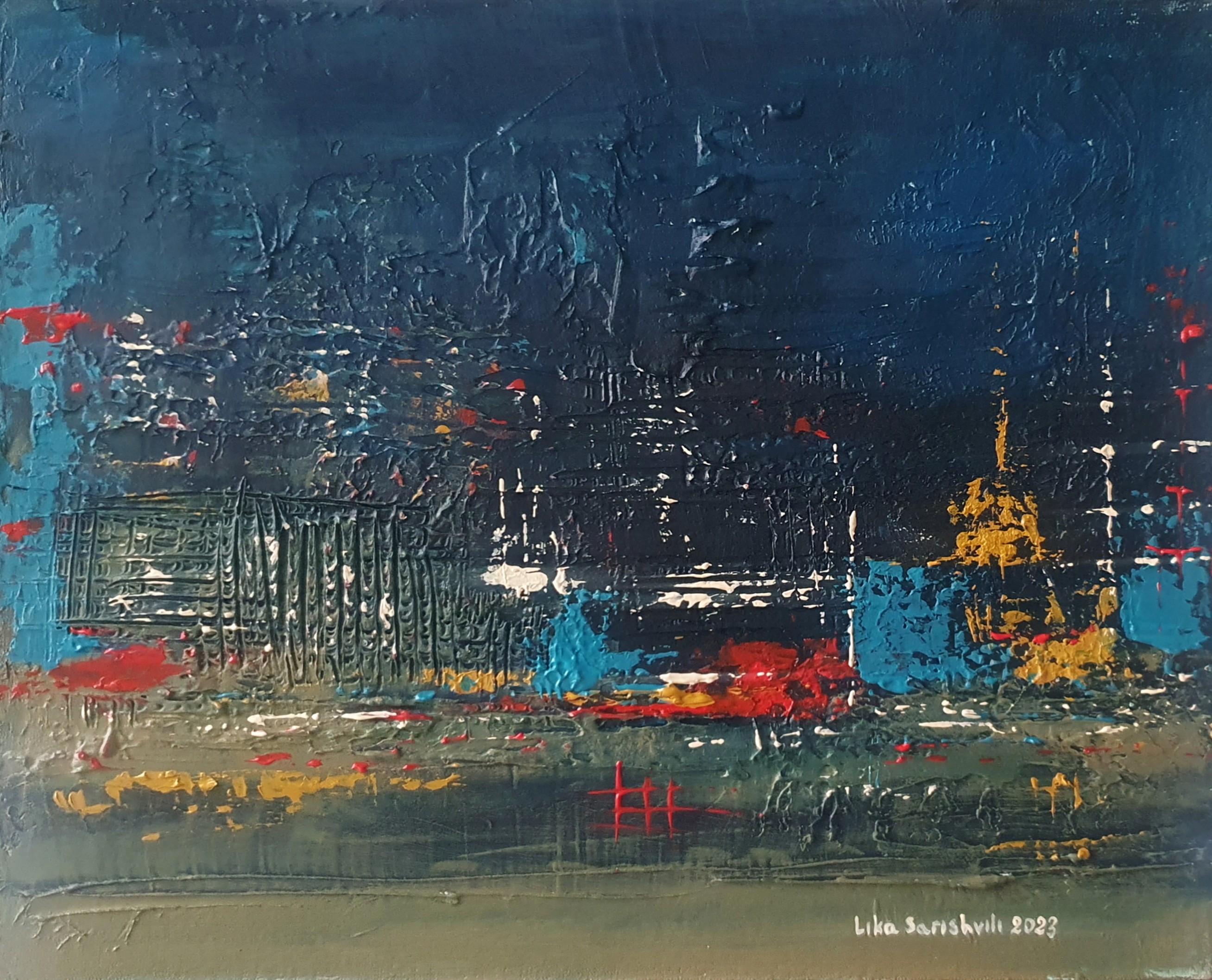 An abstract painting featuring thick impasto layers of vibrant colors against a textured grey background.