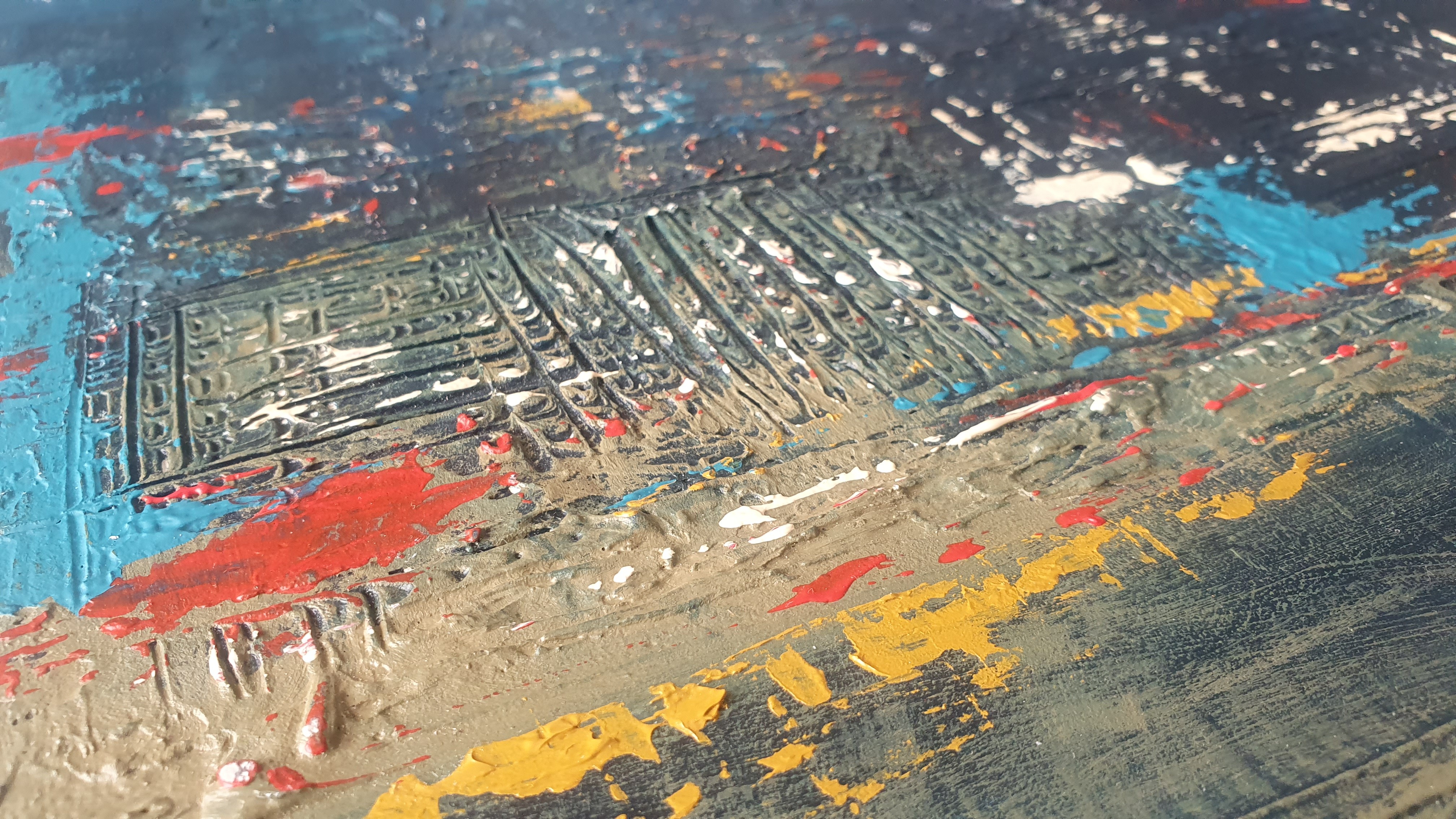 An abstract painting featuring thick impasto layers of vibrant colors against a textured grey background.