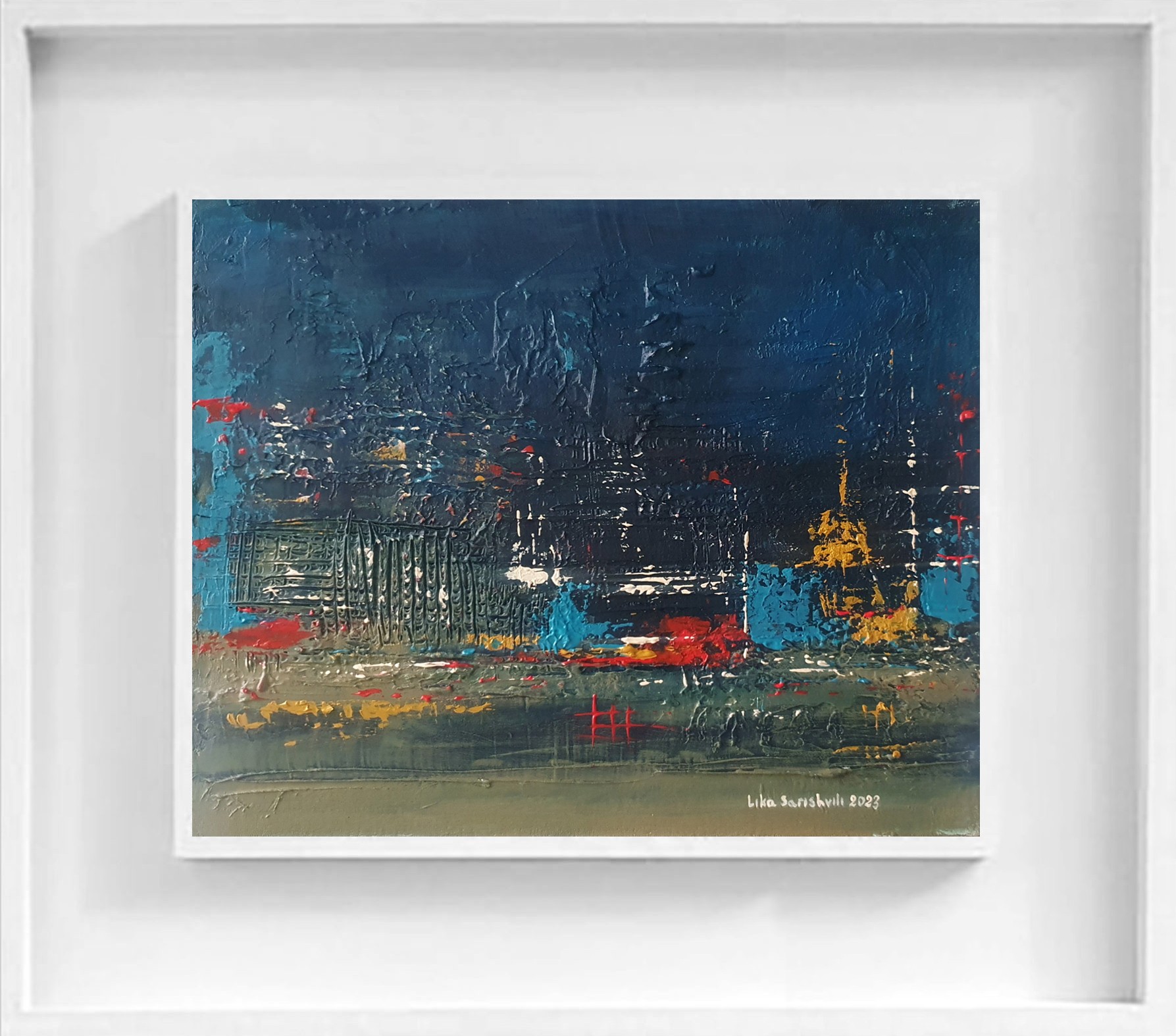An abstract painting featuring thick impasto layers of vibrant colors against a textured grey background.