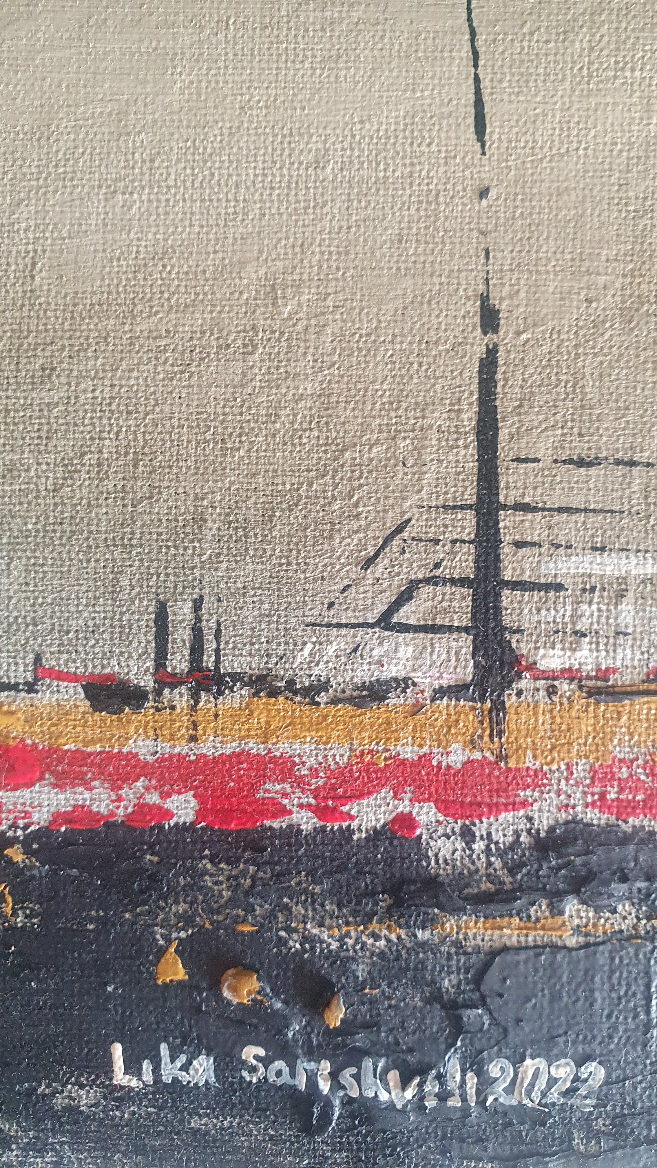 A painting of a boat on a canvas with red and black paint.