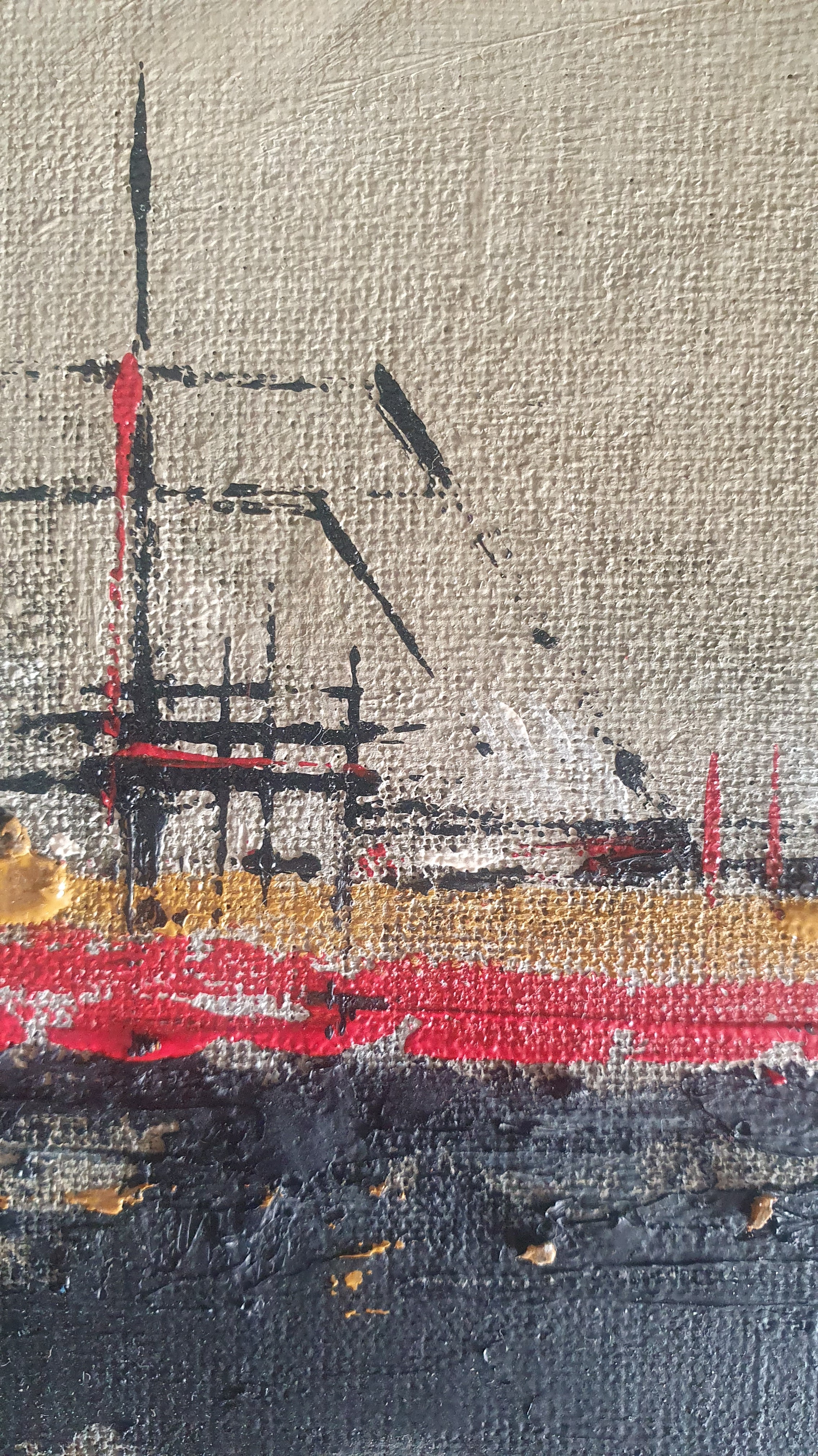 A painting of a boat on a canvas with red and black paint.