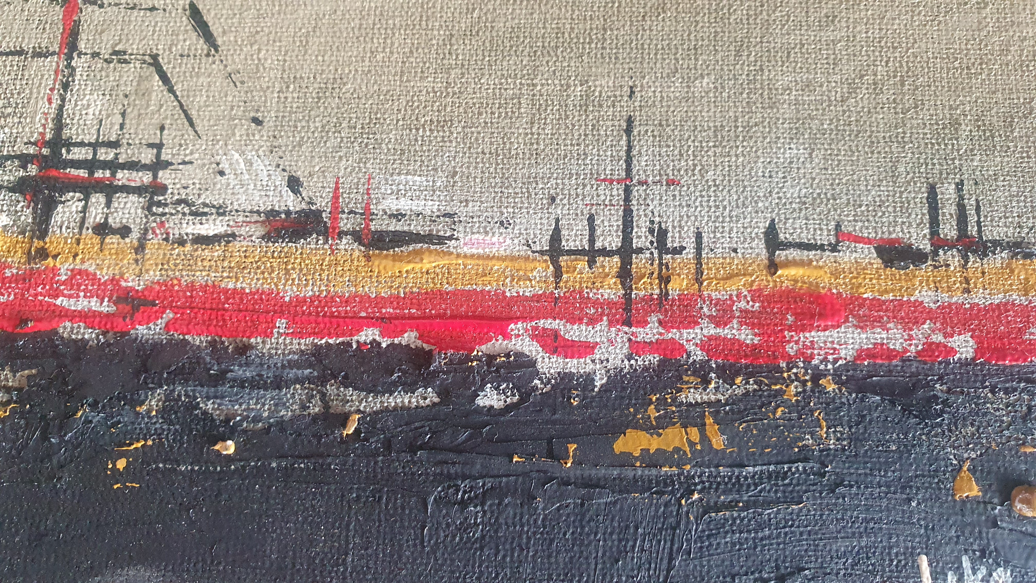 A painting of a boat on a canvas with red and black paint.