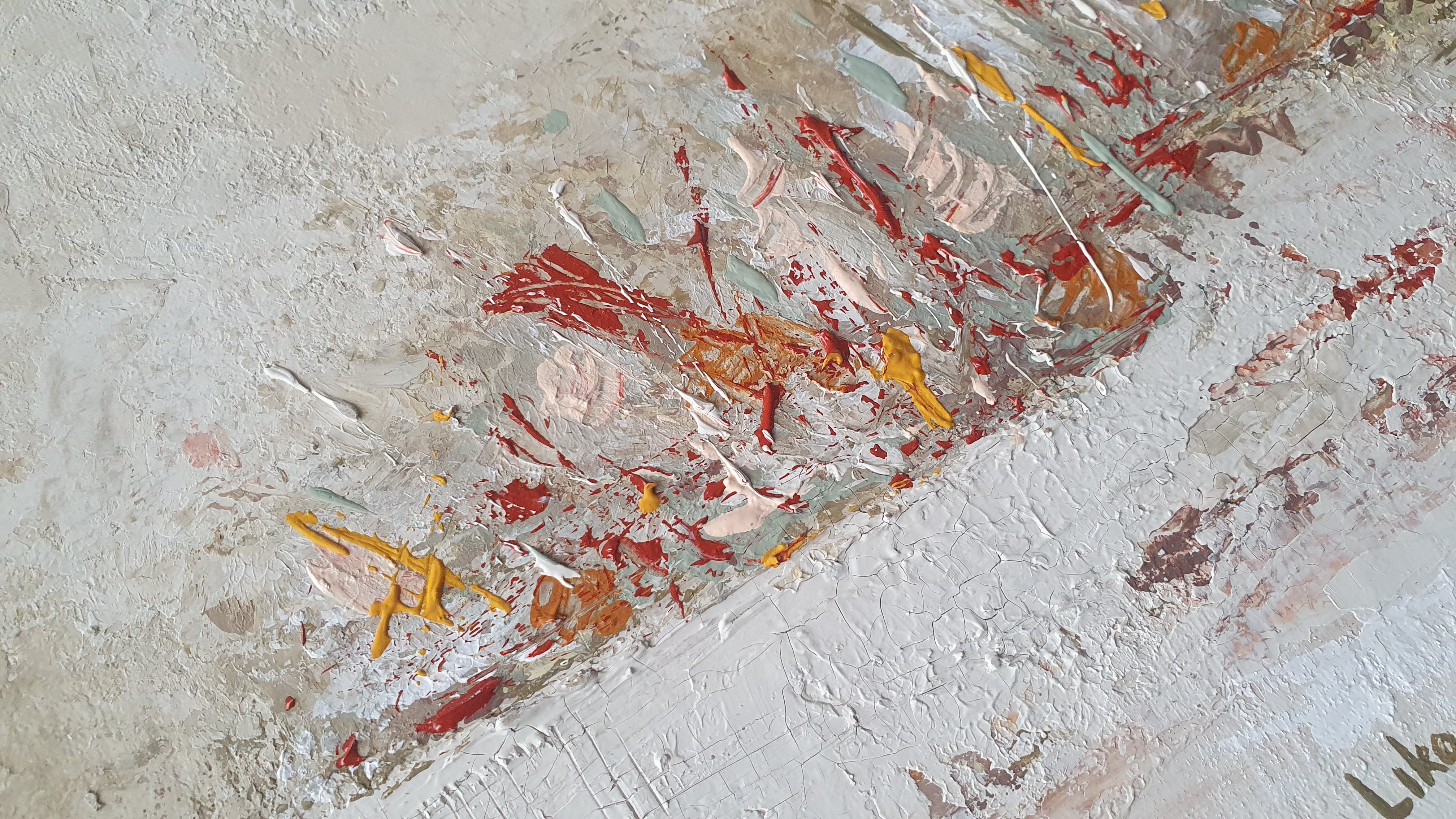 A close up of a painting on a wall. 