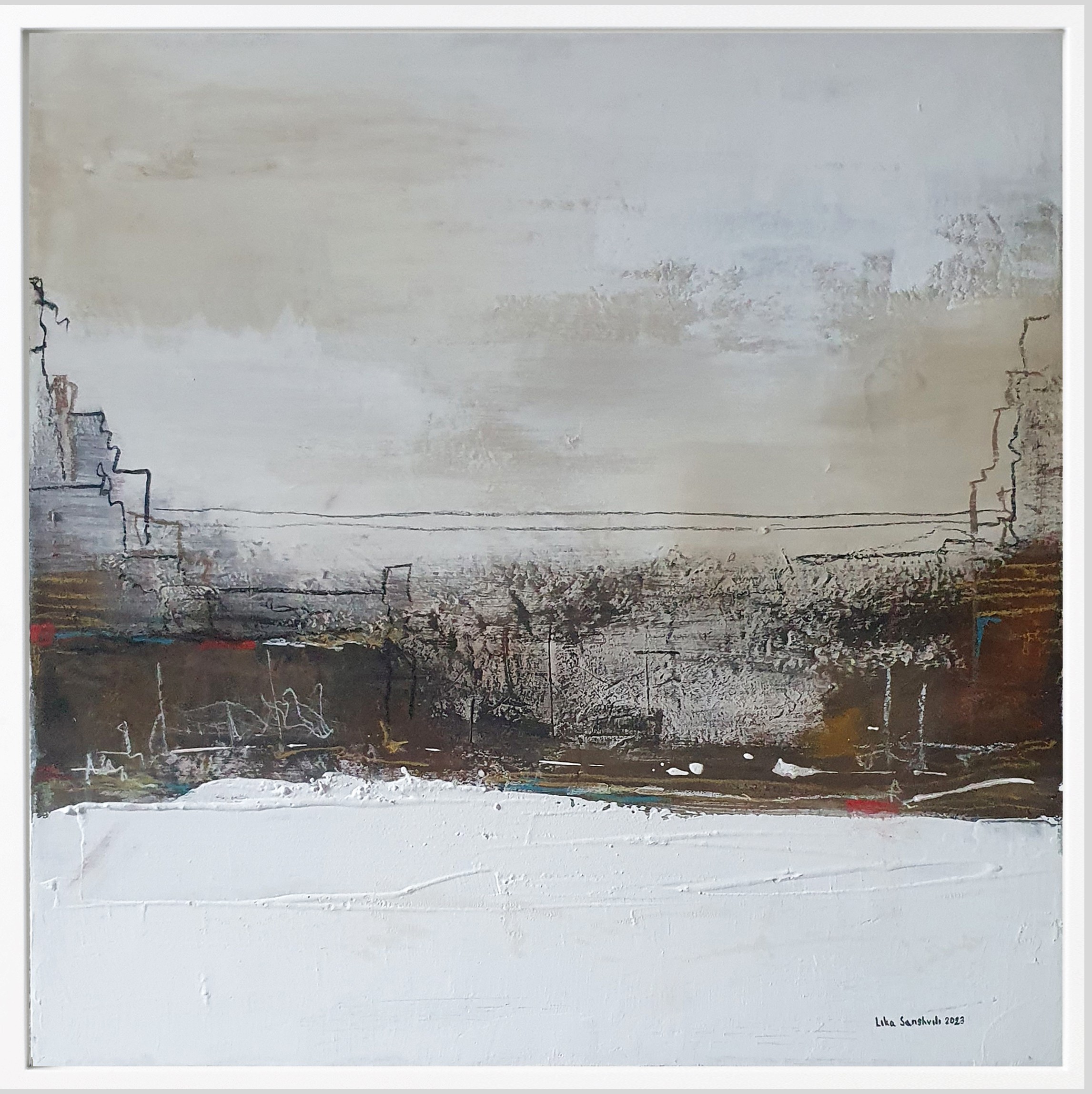 A painting of a cityscape with a white frame on a wall.