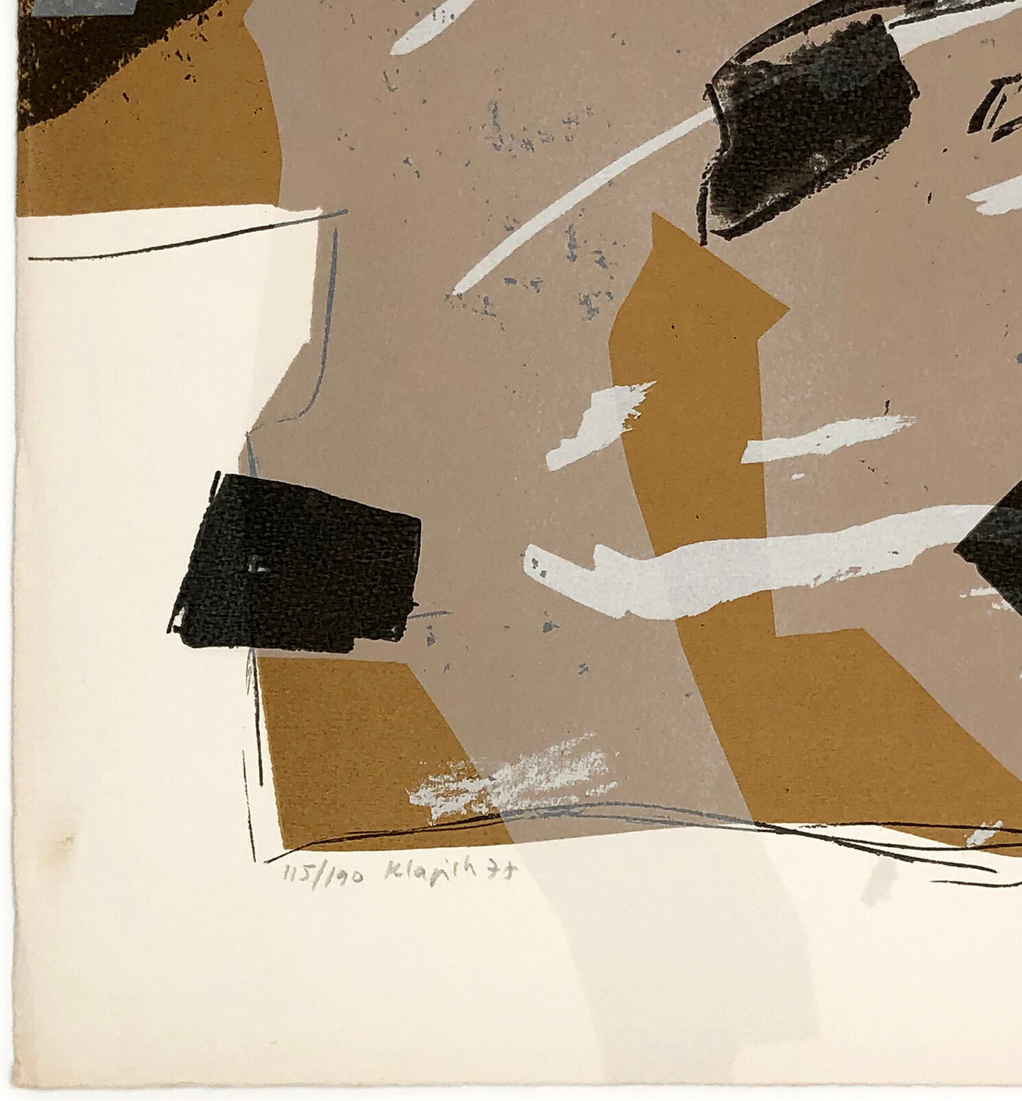 An abstract composition featuring layered geometric shapes in earthy tones against a neutral background.