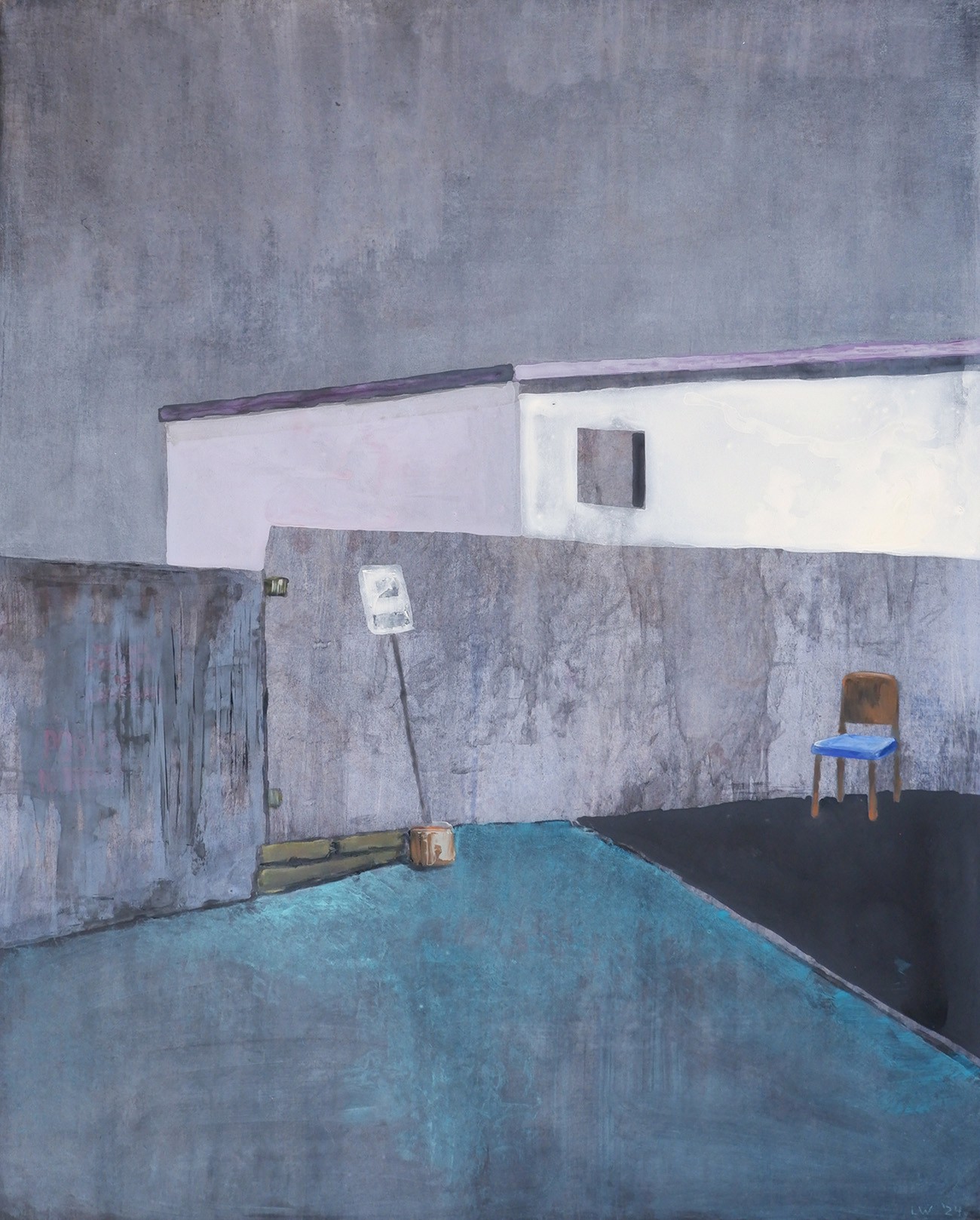 A painting of a room with a chair and a lamp.