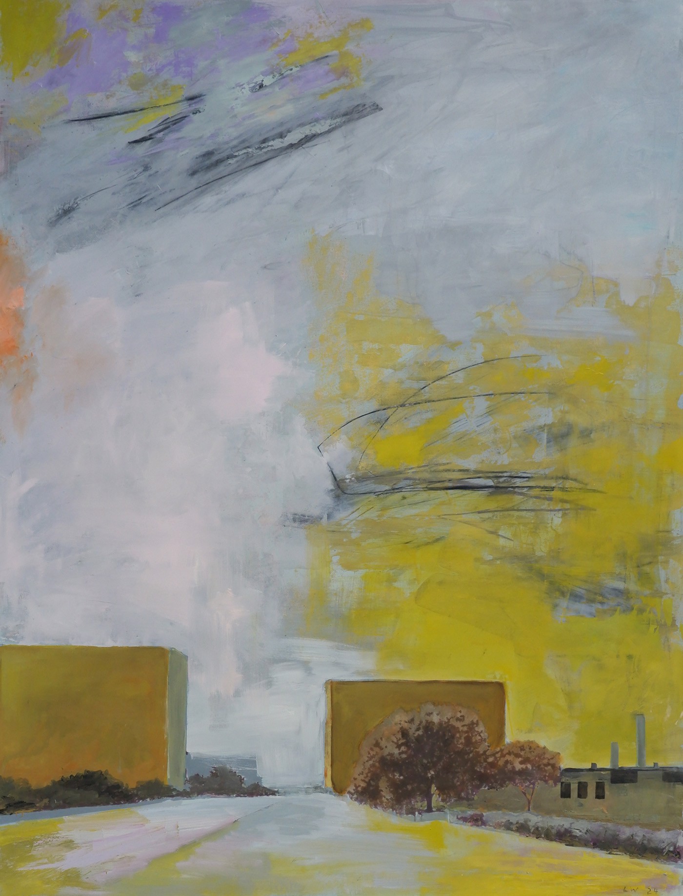 A painting of a yellow building with a cloudy sky in the background.