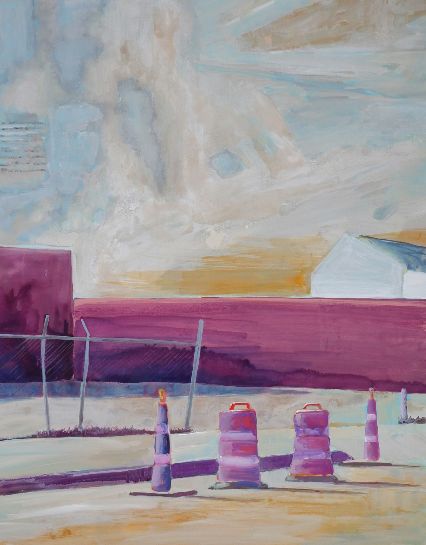 A painting of a parking lot with pink and purple traffic cones.
