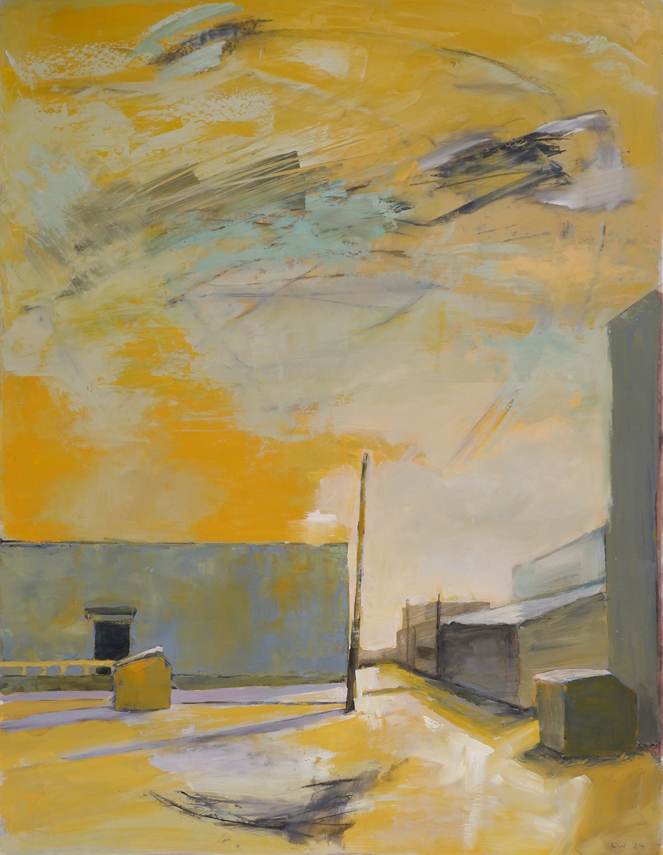 A painting of a yellow and blue painting on a yellow background.