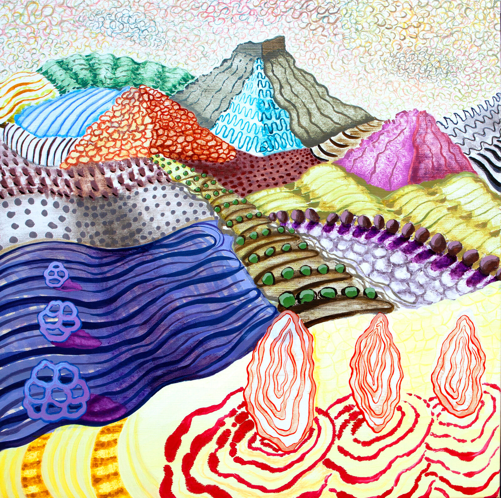 A vibrant, layered landscape where diverse textures and colors collide in a rhythmic, abstract composition.