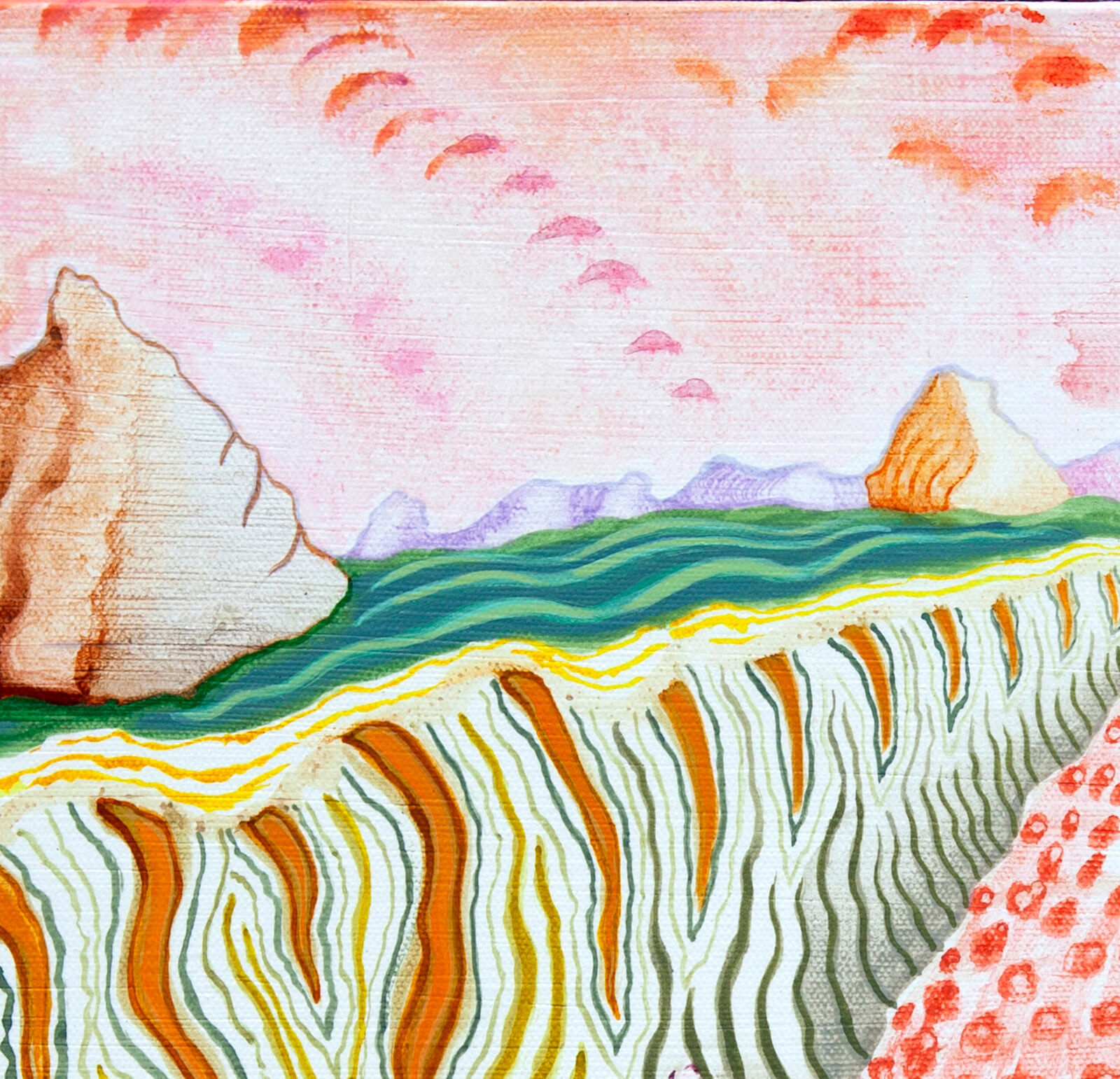 A vibrant, patterned landscape of layered hills and strange formations under a pink sky.