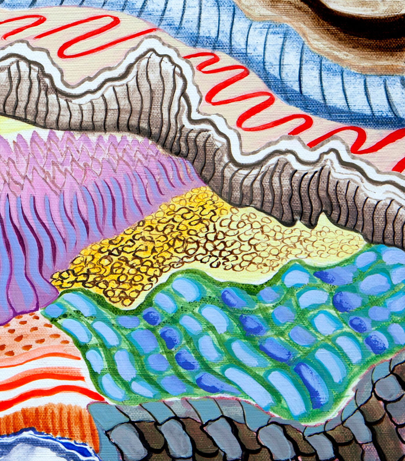 A vibrant, patterned landscape of layered hills and strange formations under a pink sky.