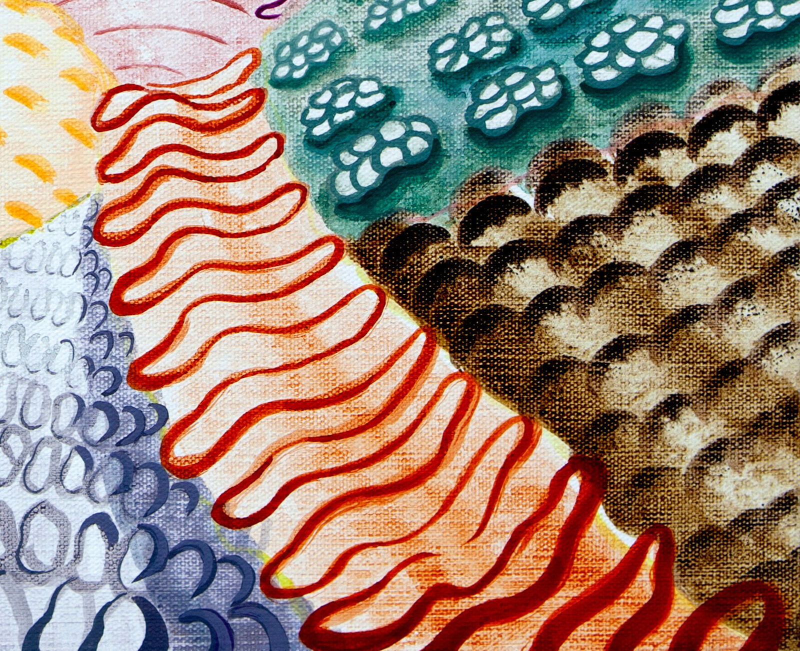 A vibrant, layered landscape of abstract coral and rock formations rendered in vivid colors.