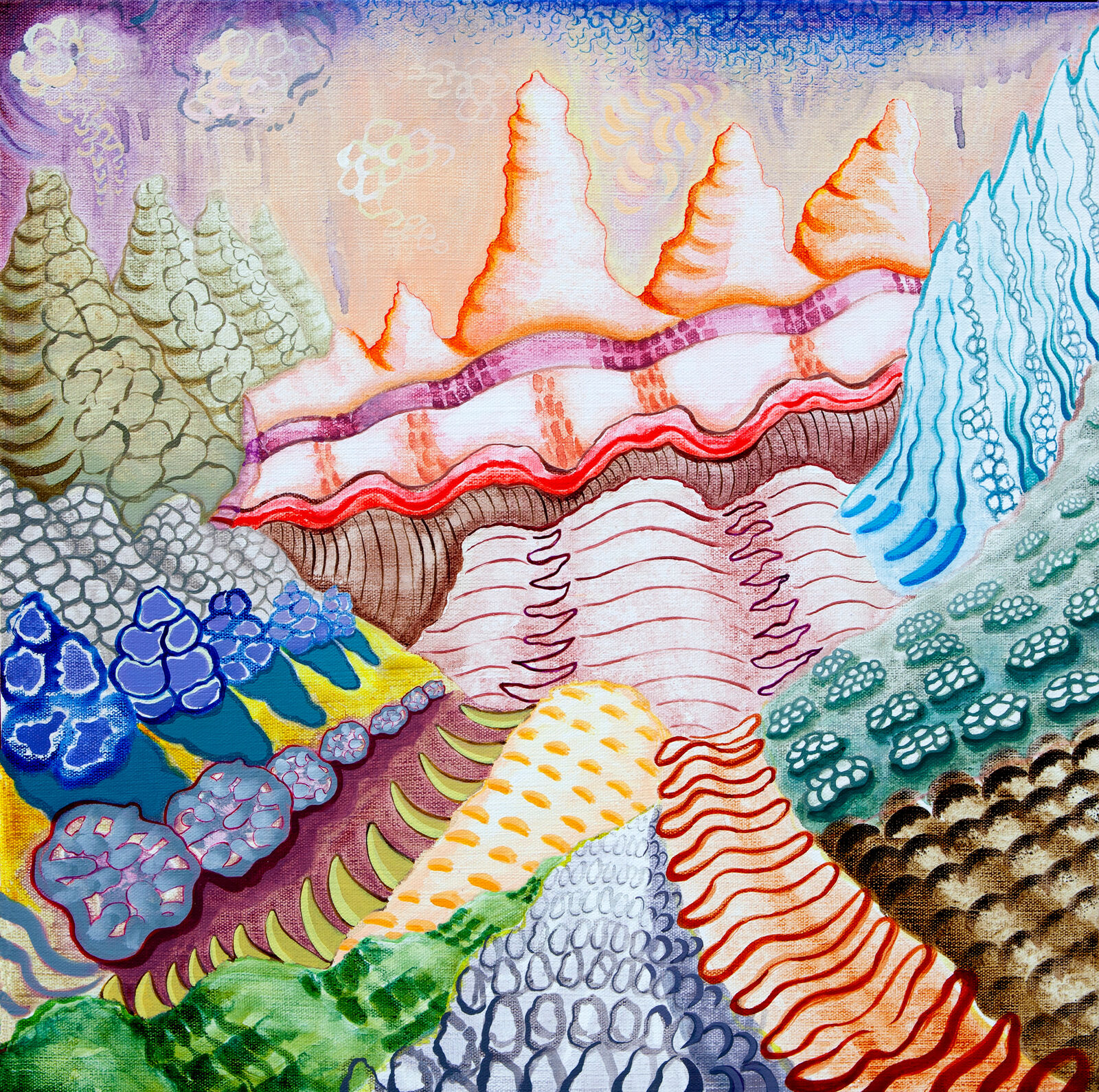 A vibrant, layered landscape of abstract coral and rock formations rendered in vivid colors.