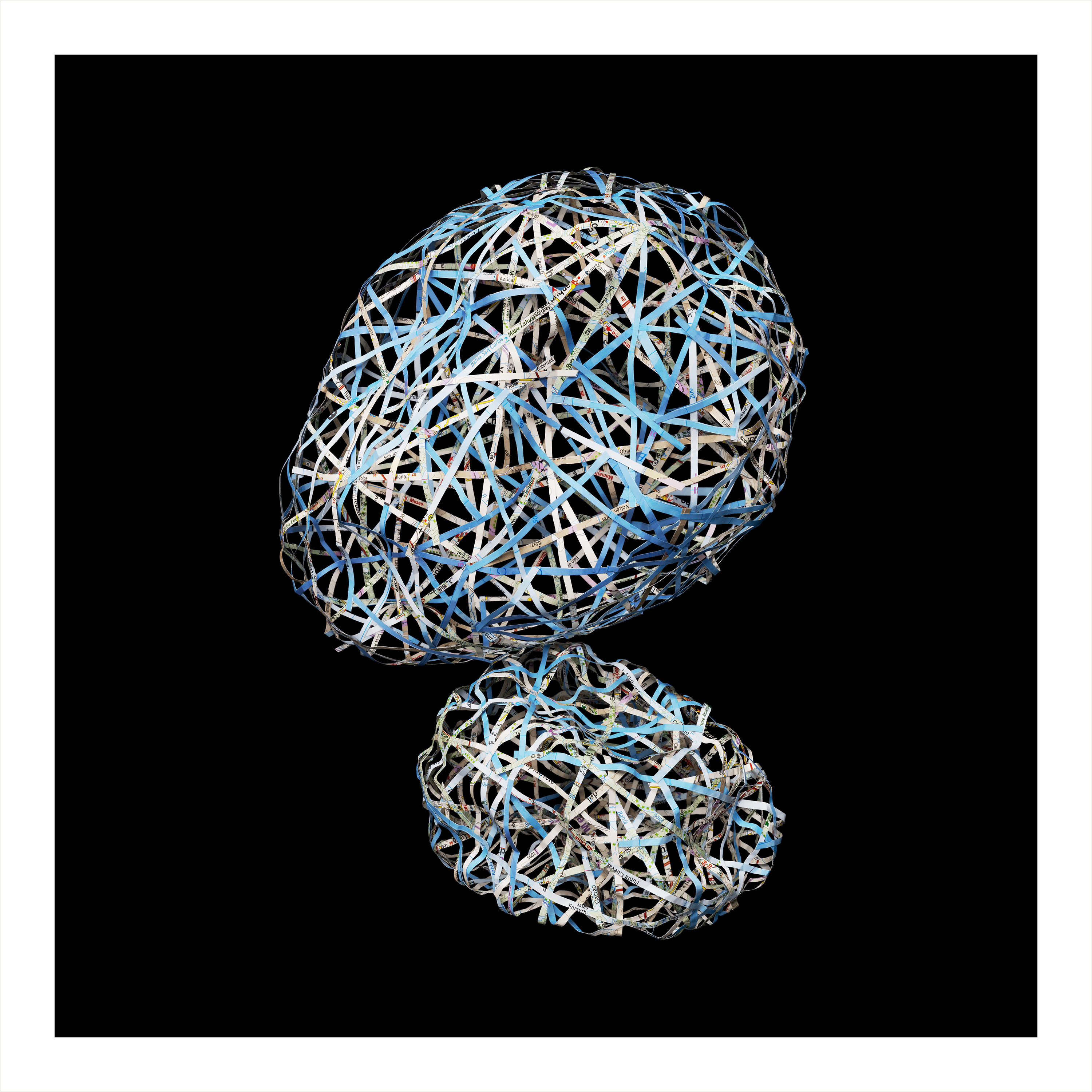 A minimalist composition of two wire-mesh spheres in blue and white against a stark black background.