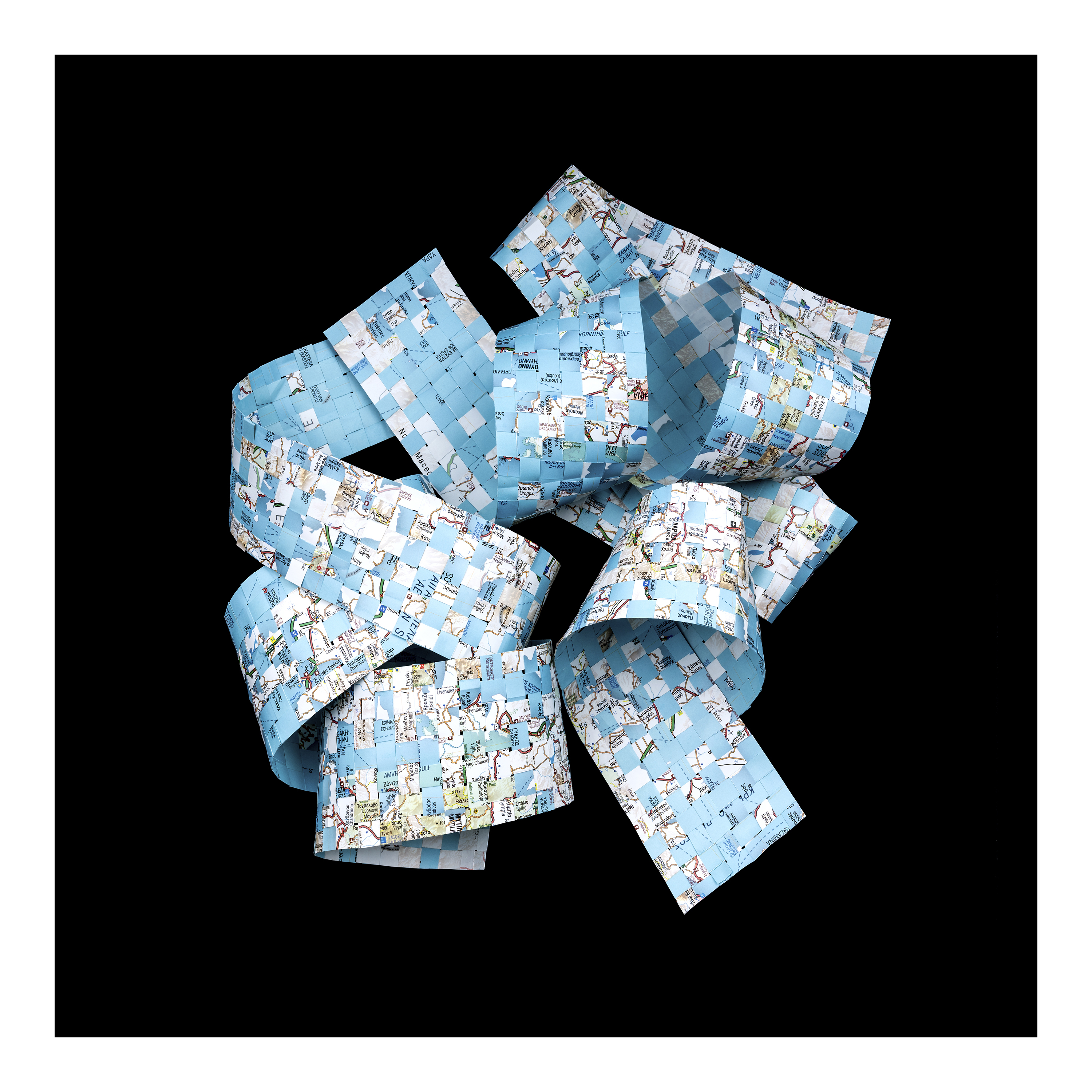 A blue and white bow on a black background.