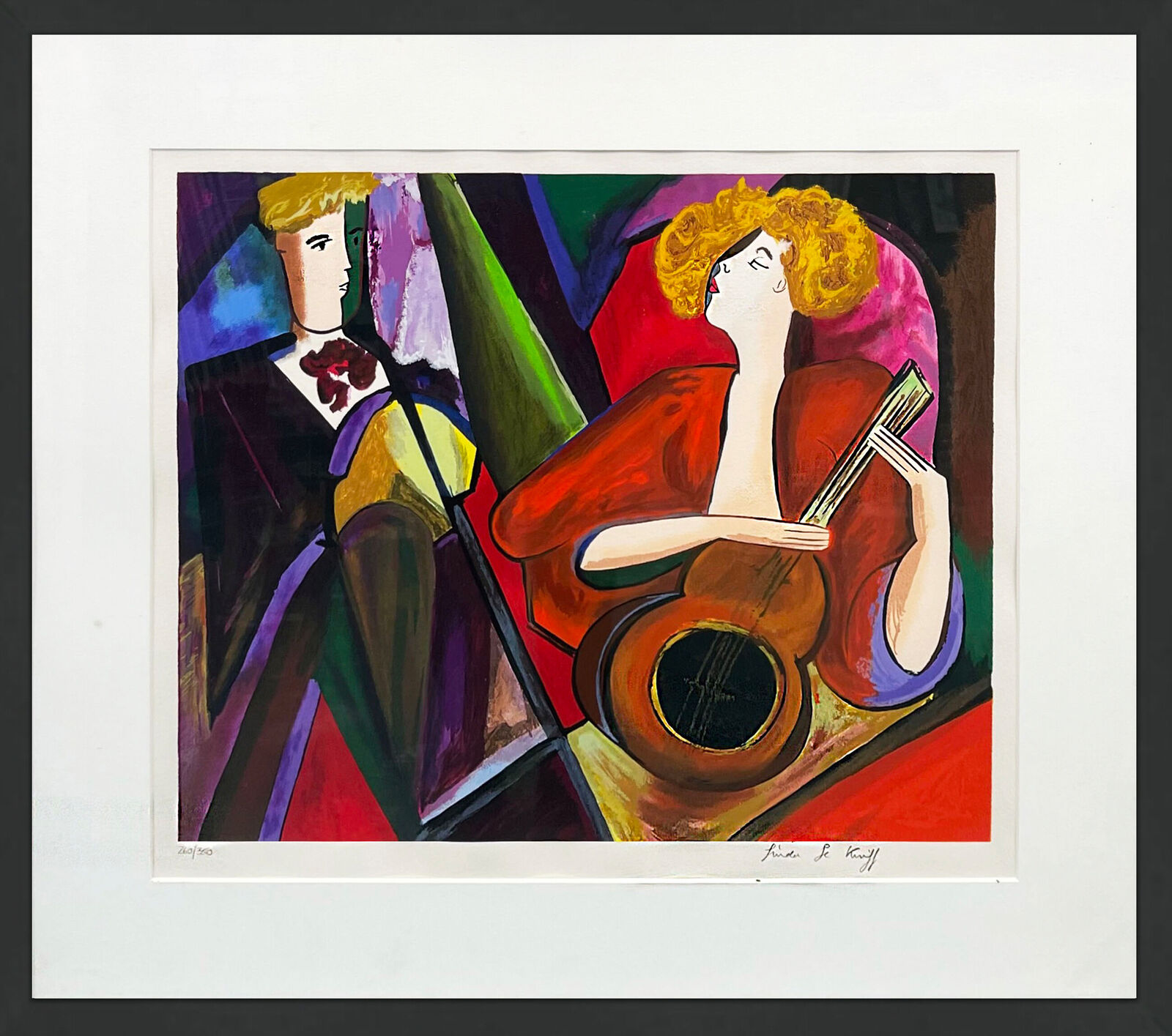 A painting of a woman playing a guitar and a man playing a violin.