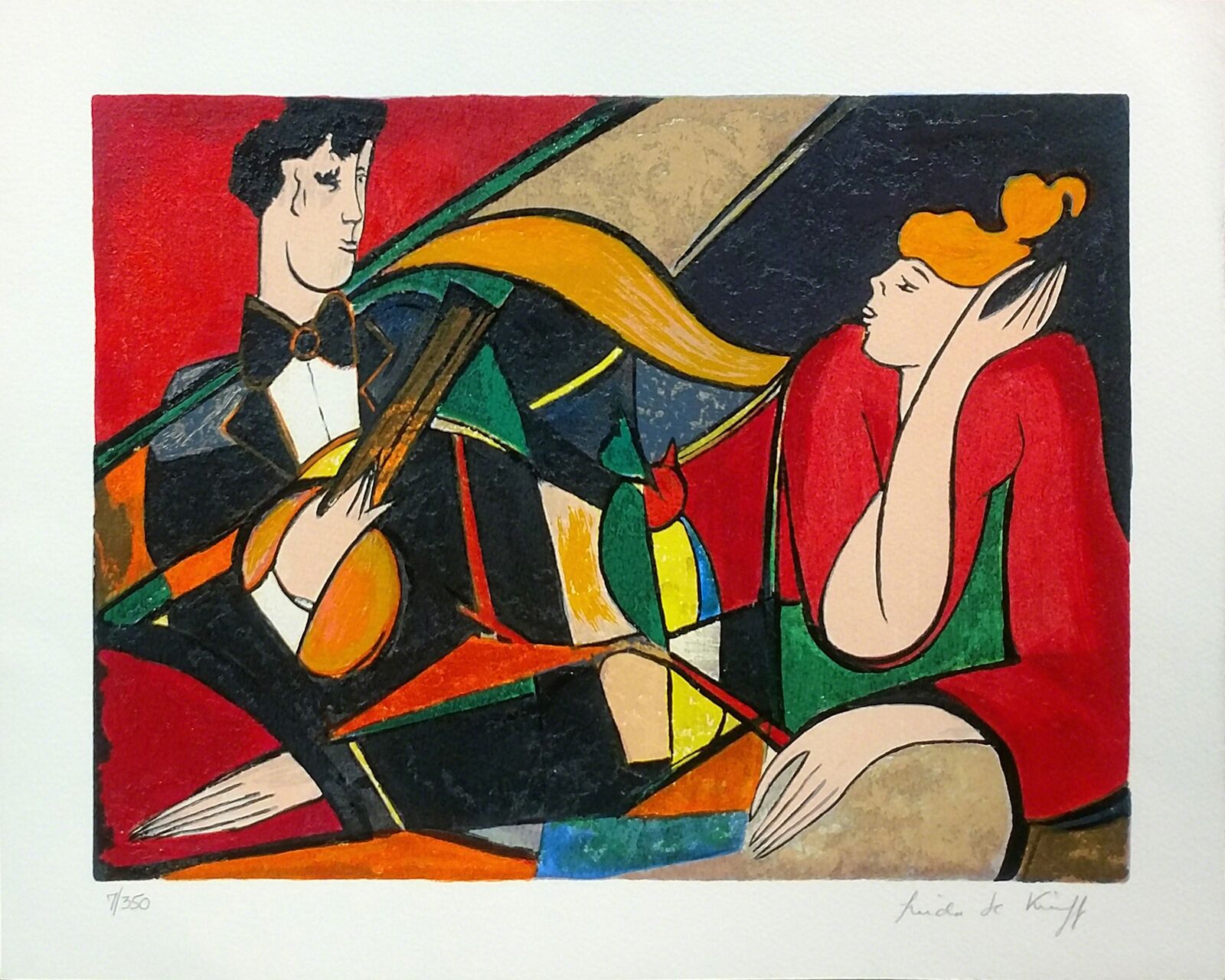 A painting of a man and a woman playing a violin.