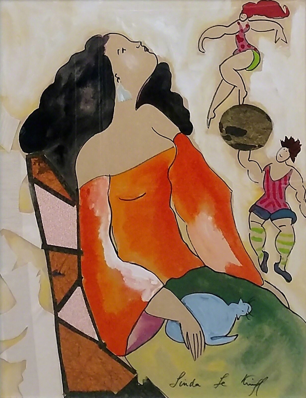 A painting of a woman sitting in a chair with a cat.