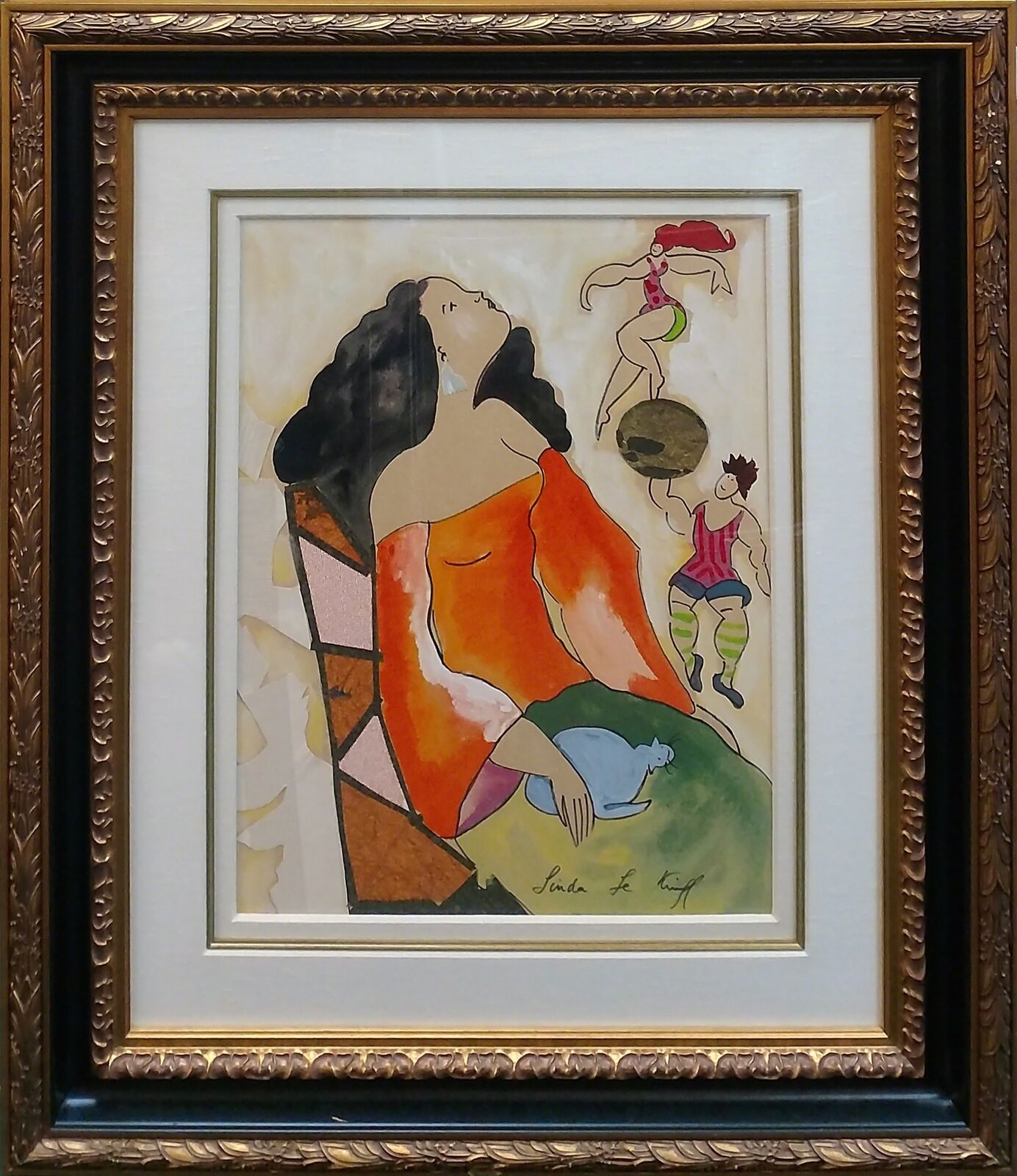 A painting of a woman sitting in a chair with a cat.