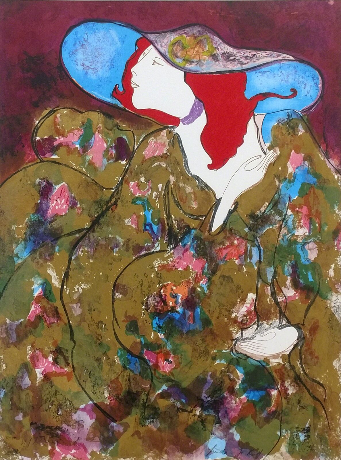 A painting of a woman wearing a blue hat.