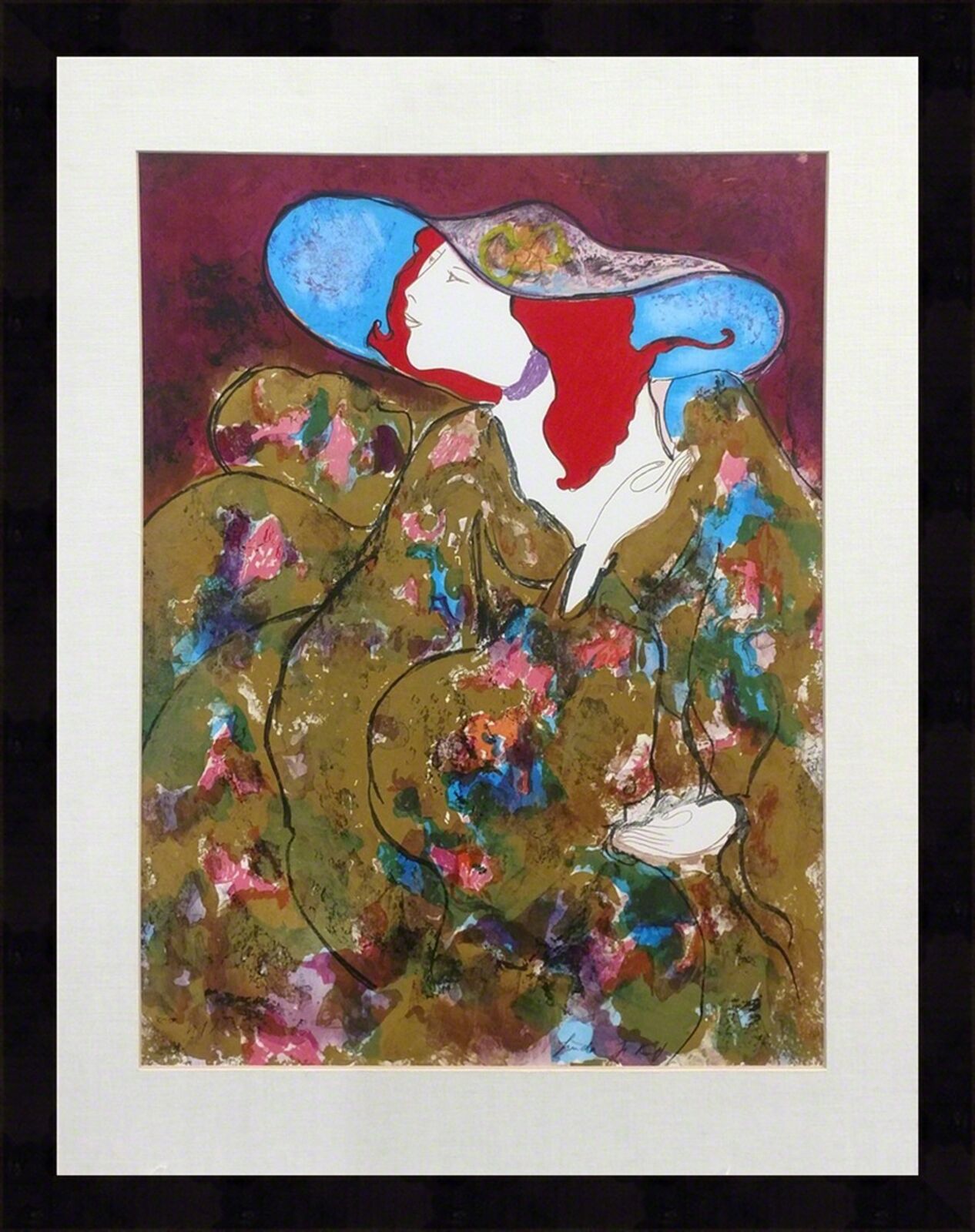 A painting of a woman wearing a blue hat.