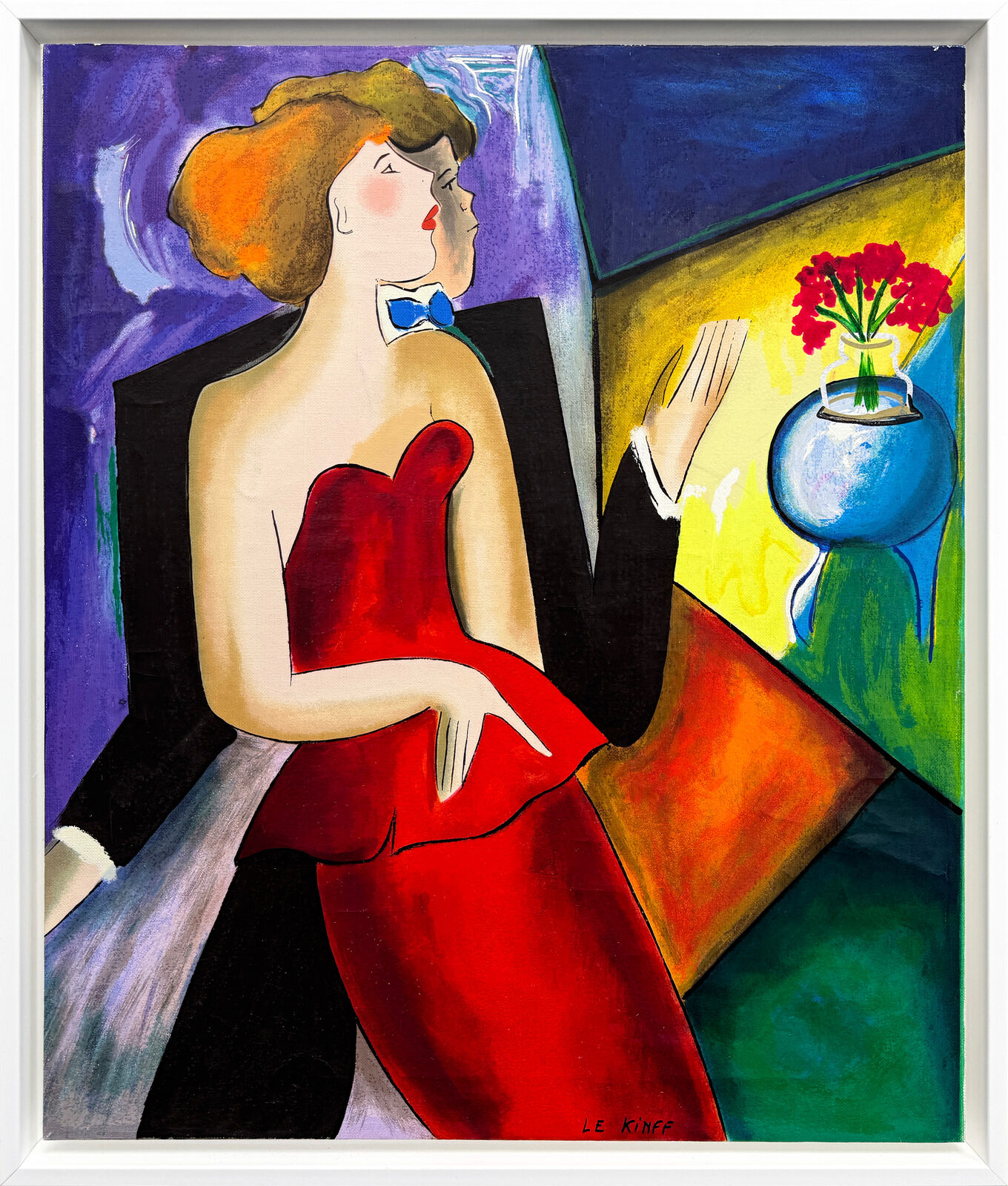 A painting of a woman in a red dress and a man in a black suit.