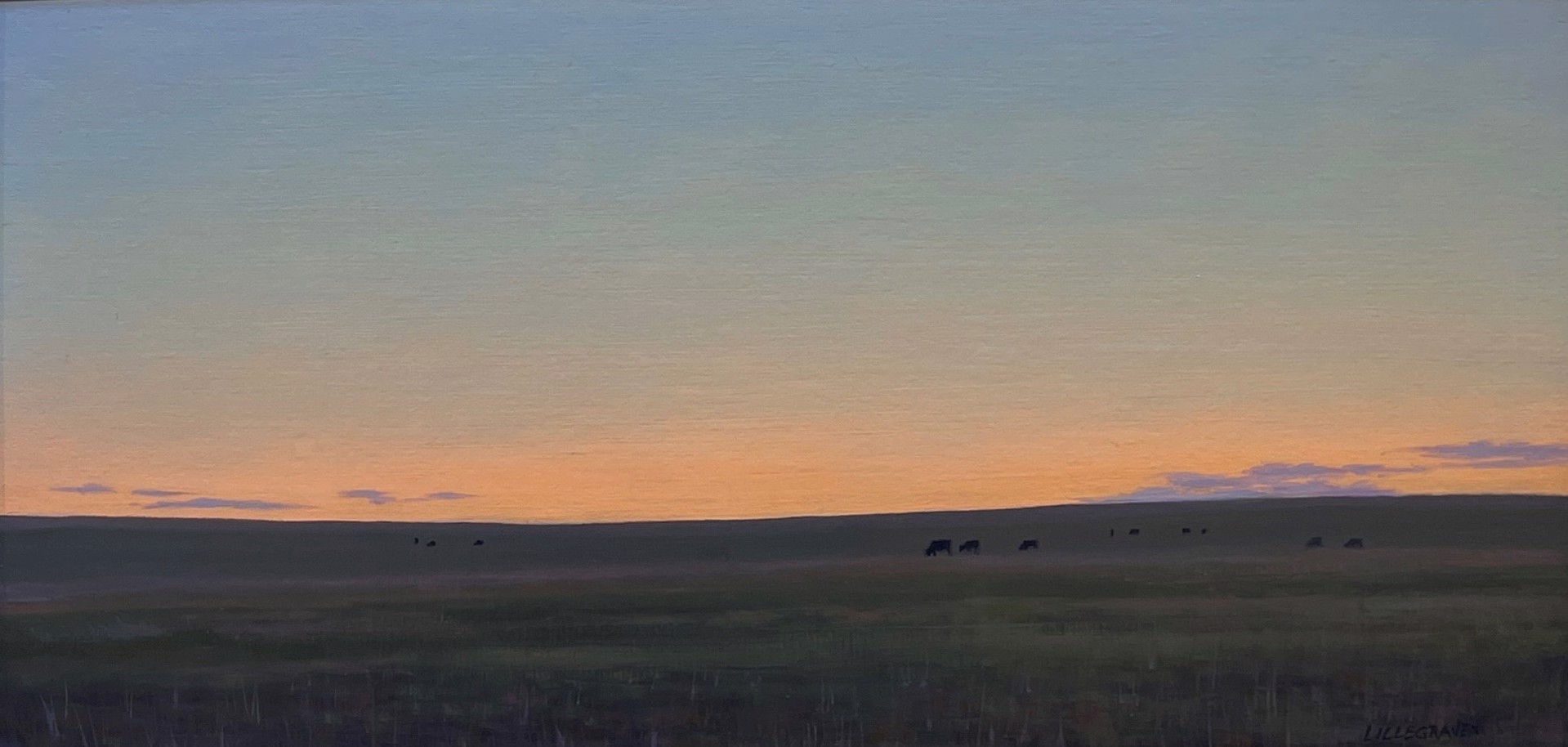 A painting of a herd of cattle grazing in a field at sunset.
