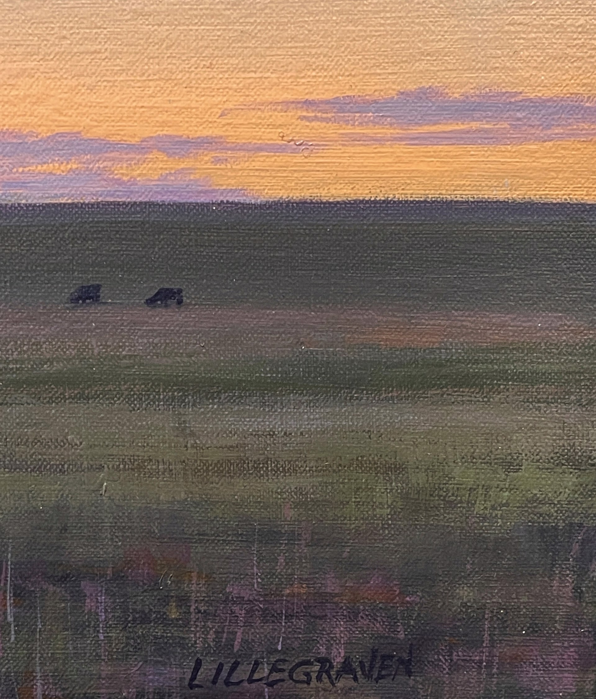 A painting of a herd of cattle grazing in a field at sunset.