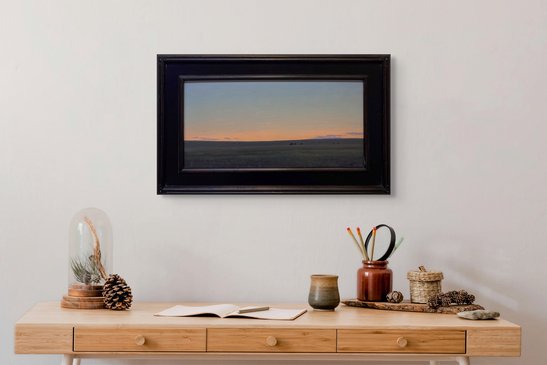A painting of a herd of cattle grazing in a field at sunset.