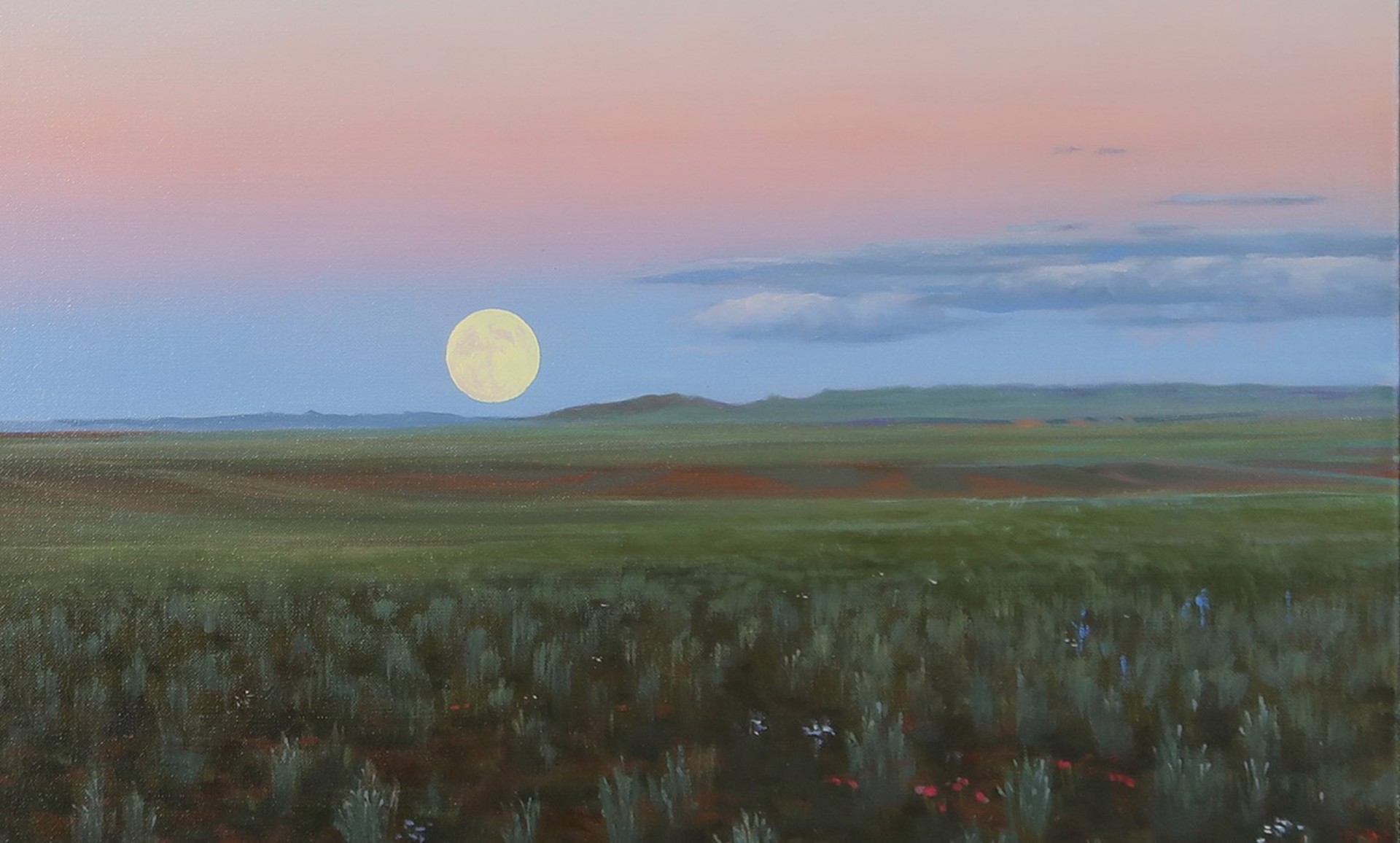 A painting of a field with a full moon in the sky.
