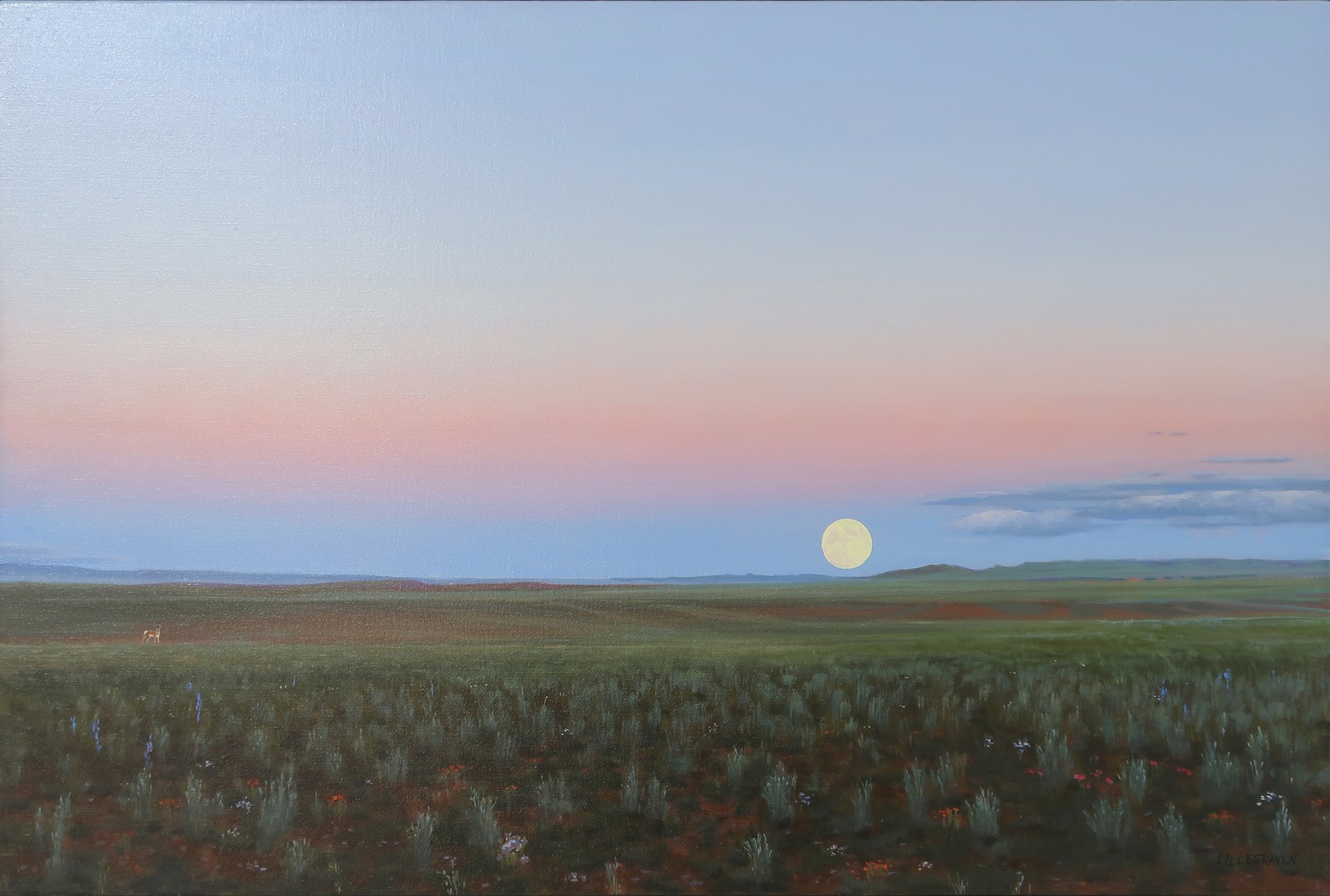 A painting of a field with a full moon in the sky.