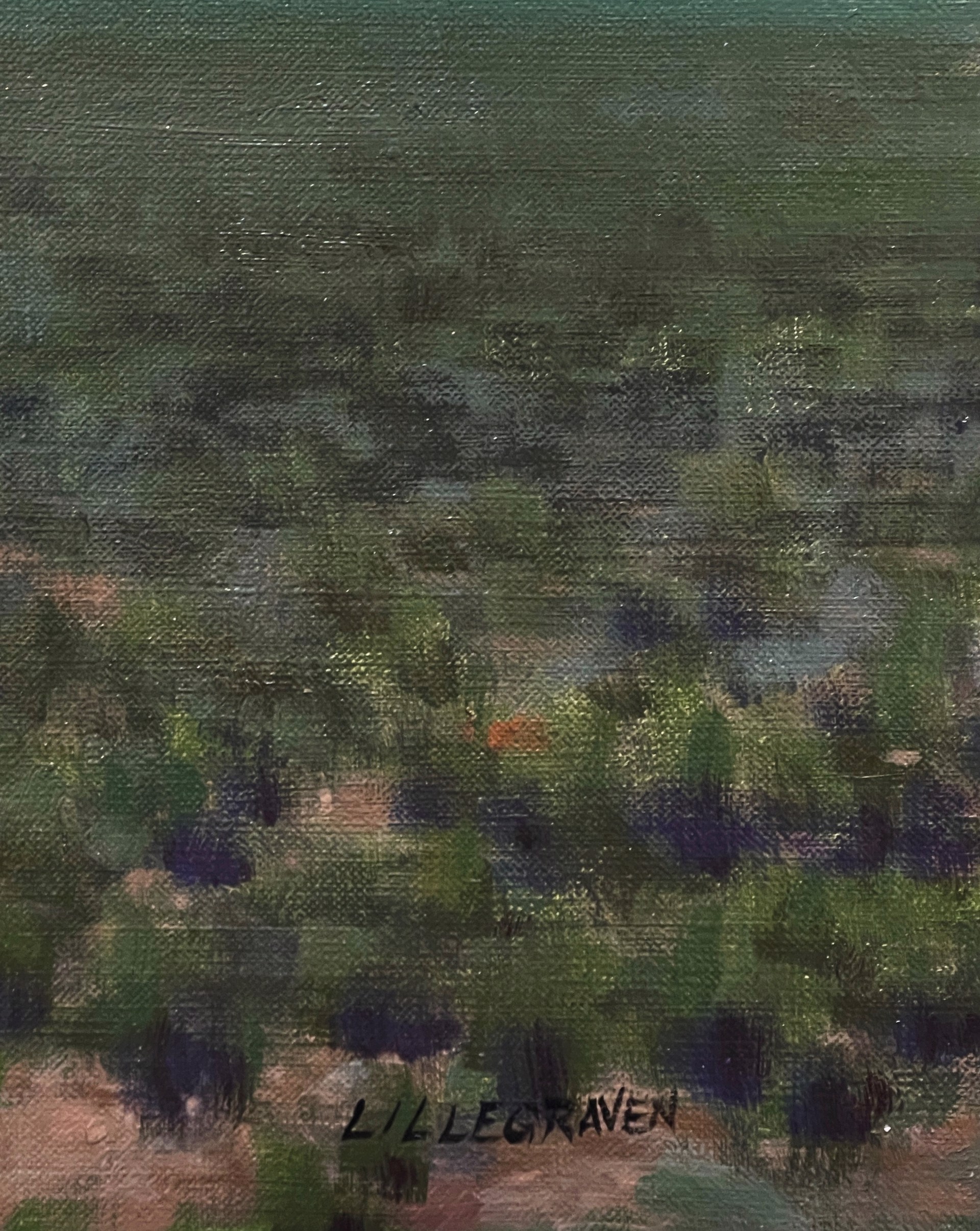 A vast landscape painting of rolling green fields under a blue sky filled with fluffy white clouds.