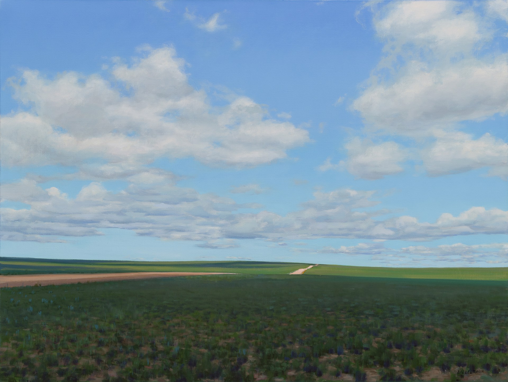 A vast landscape painting of rolling green fields under a blue sky filled with fluffy white clouds.