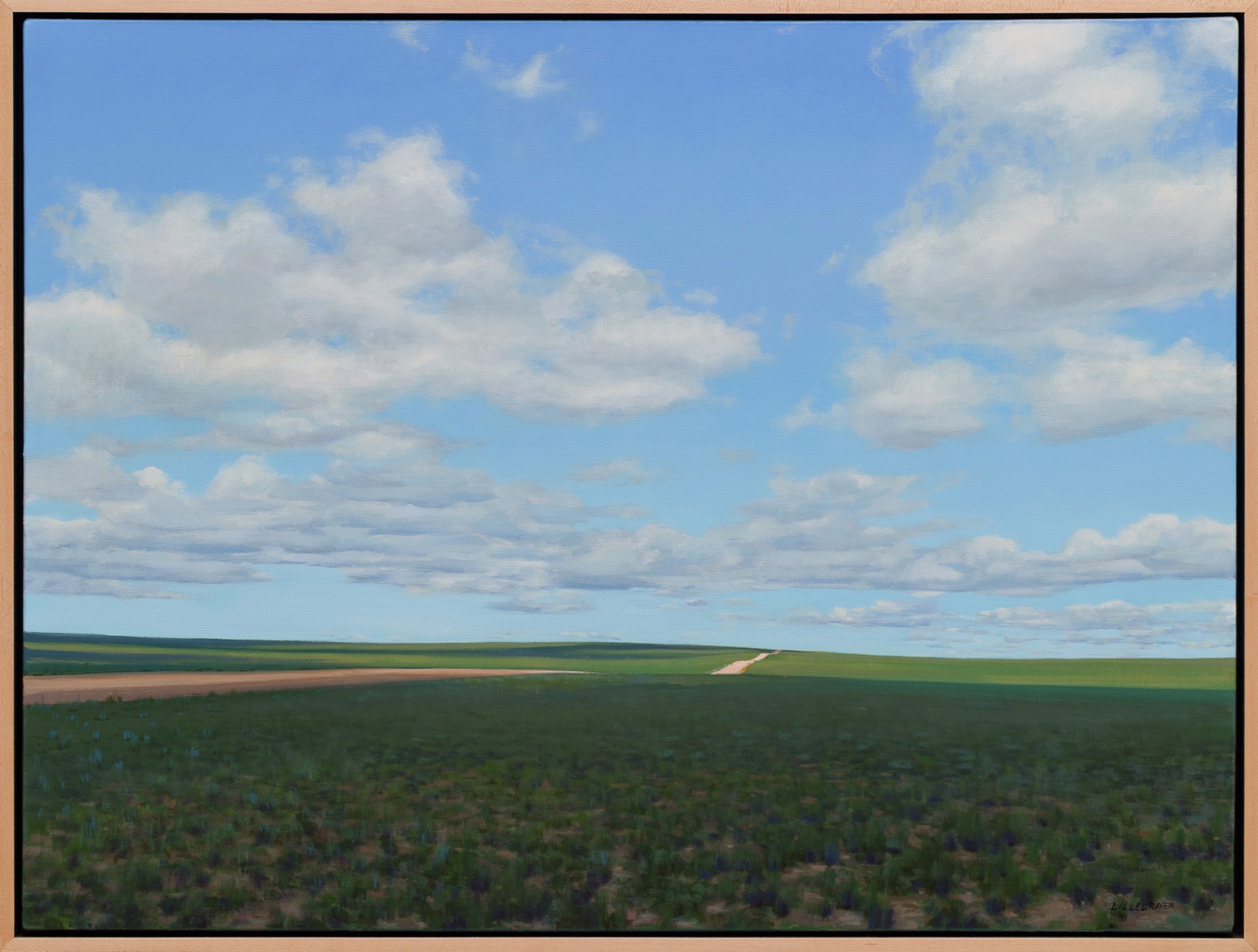 A vast landscape painting of rolling green fields under a blue sky filled with fluffy white clouds.