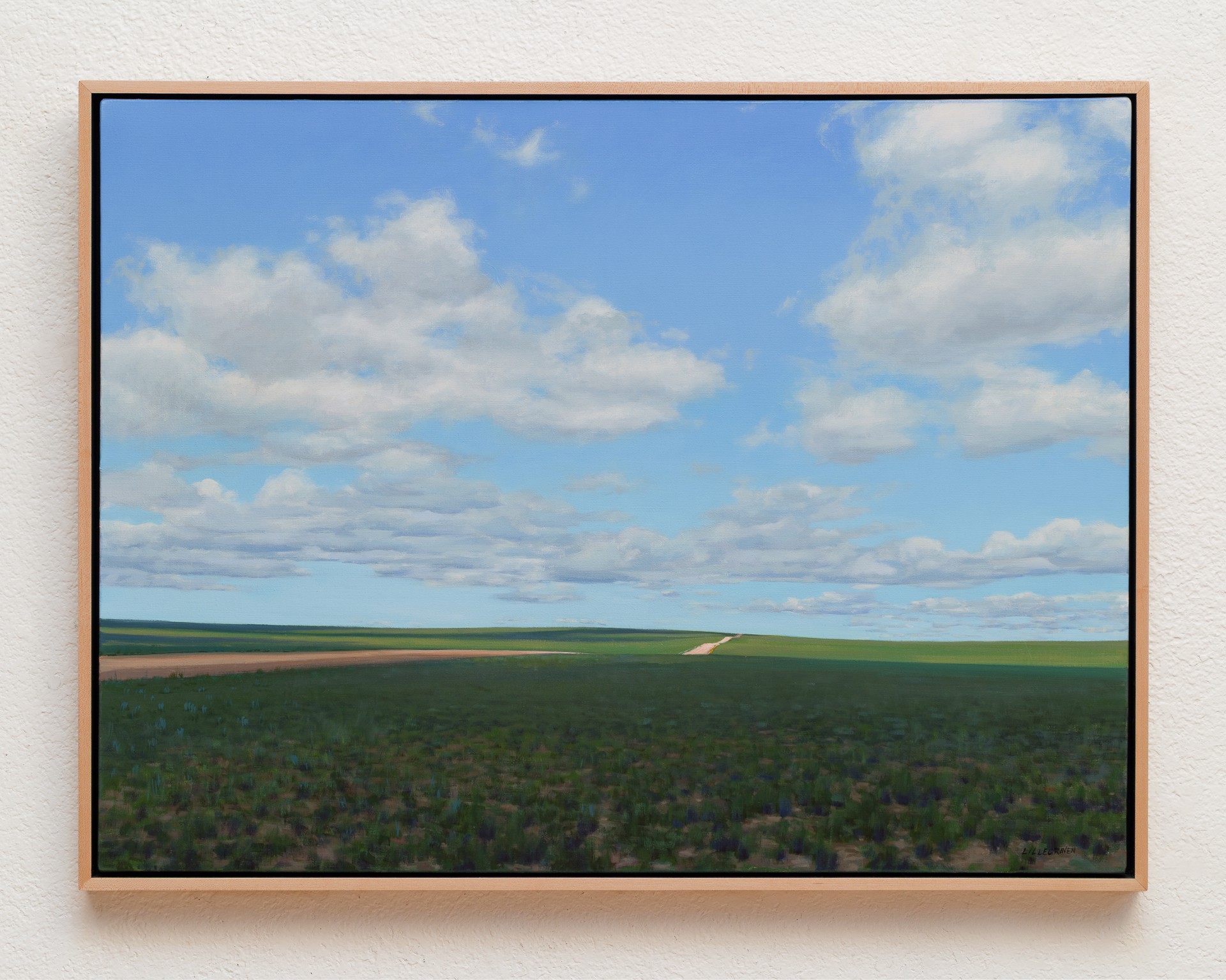 A vast landscape painting of rolling green fields under a blue sky filled with fluffy white clouds.