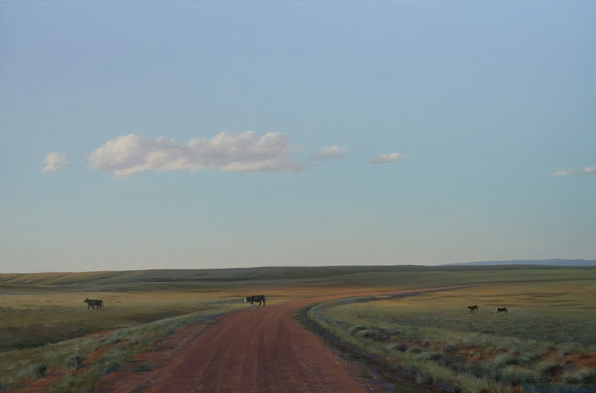 A lone red dirt road winds through a vast, grassy plain under a pale blue sky.