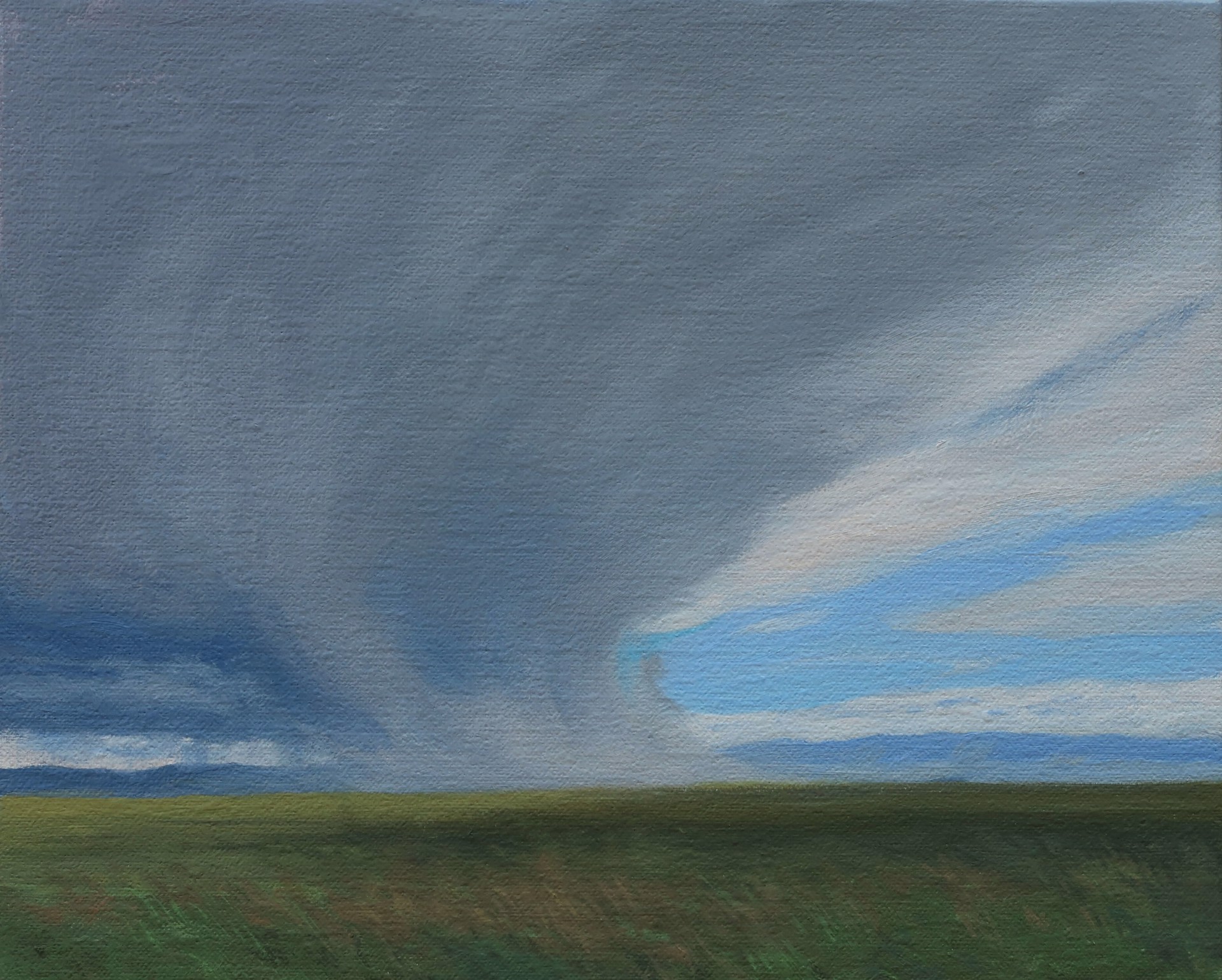 A landscape painting of a grassy field under a vast, moody sky with dramatic cloud formations.