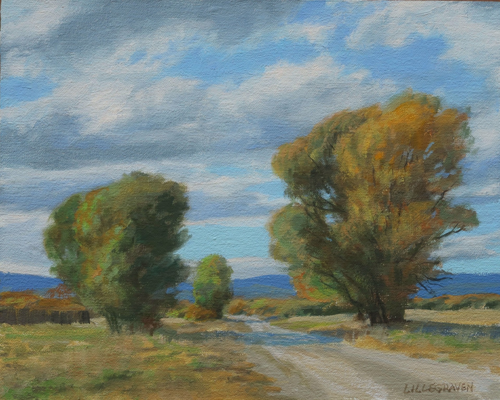 A landscape painting of a rural road winding through autumn trees under a cloudy blue sky.