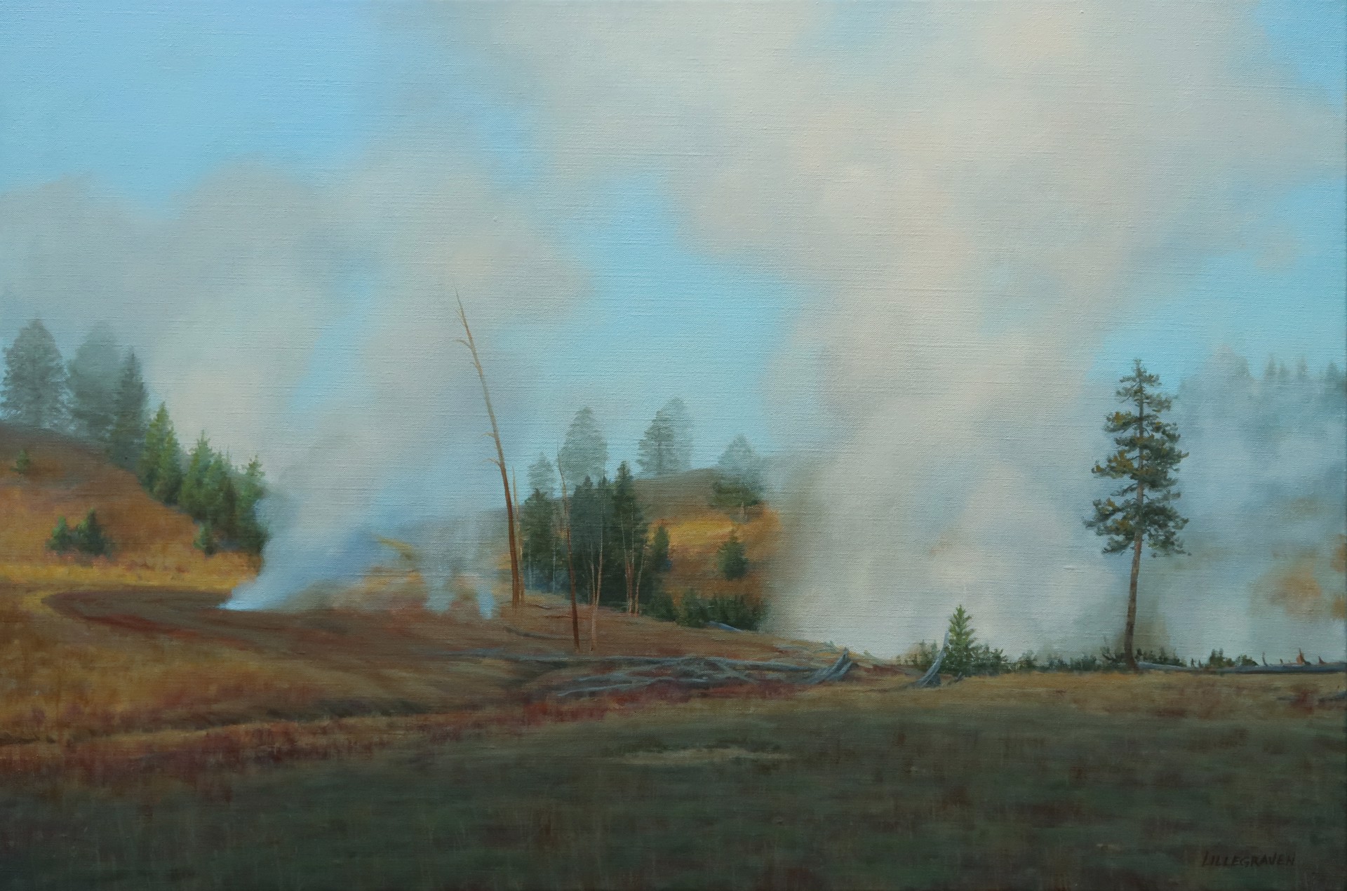 A landscape painting of a forested hillside with billowing smoke rising against a pale blue sky.
