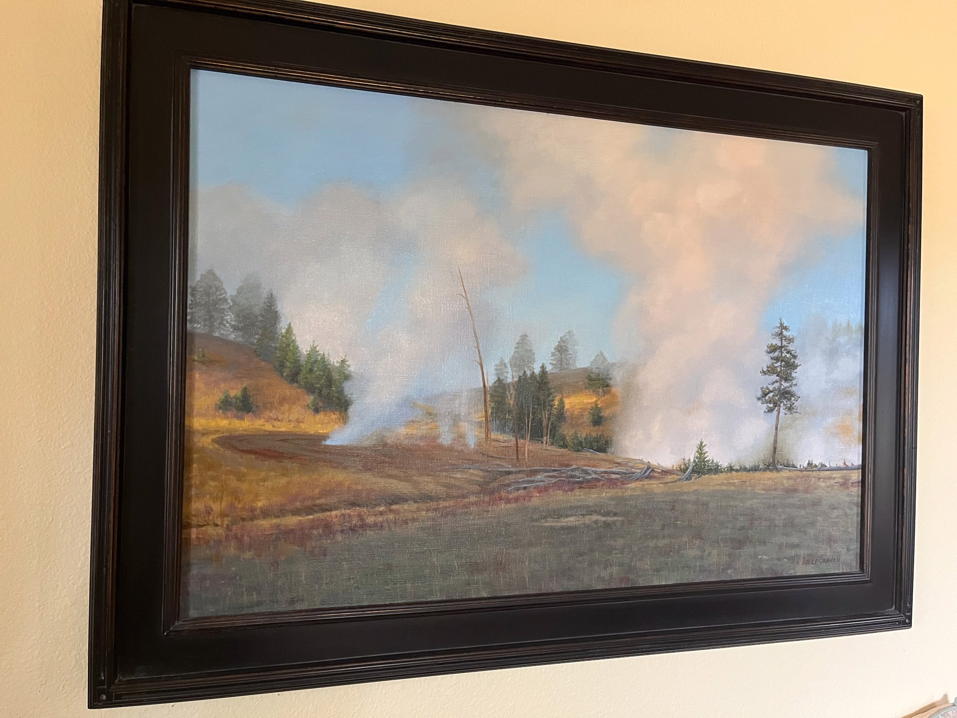 A landscape painting of a forested hillside with billowing smoke rising against a pale blue sky.