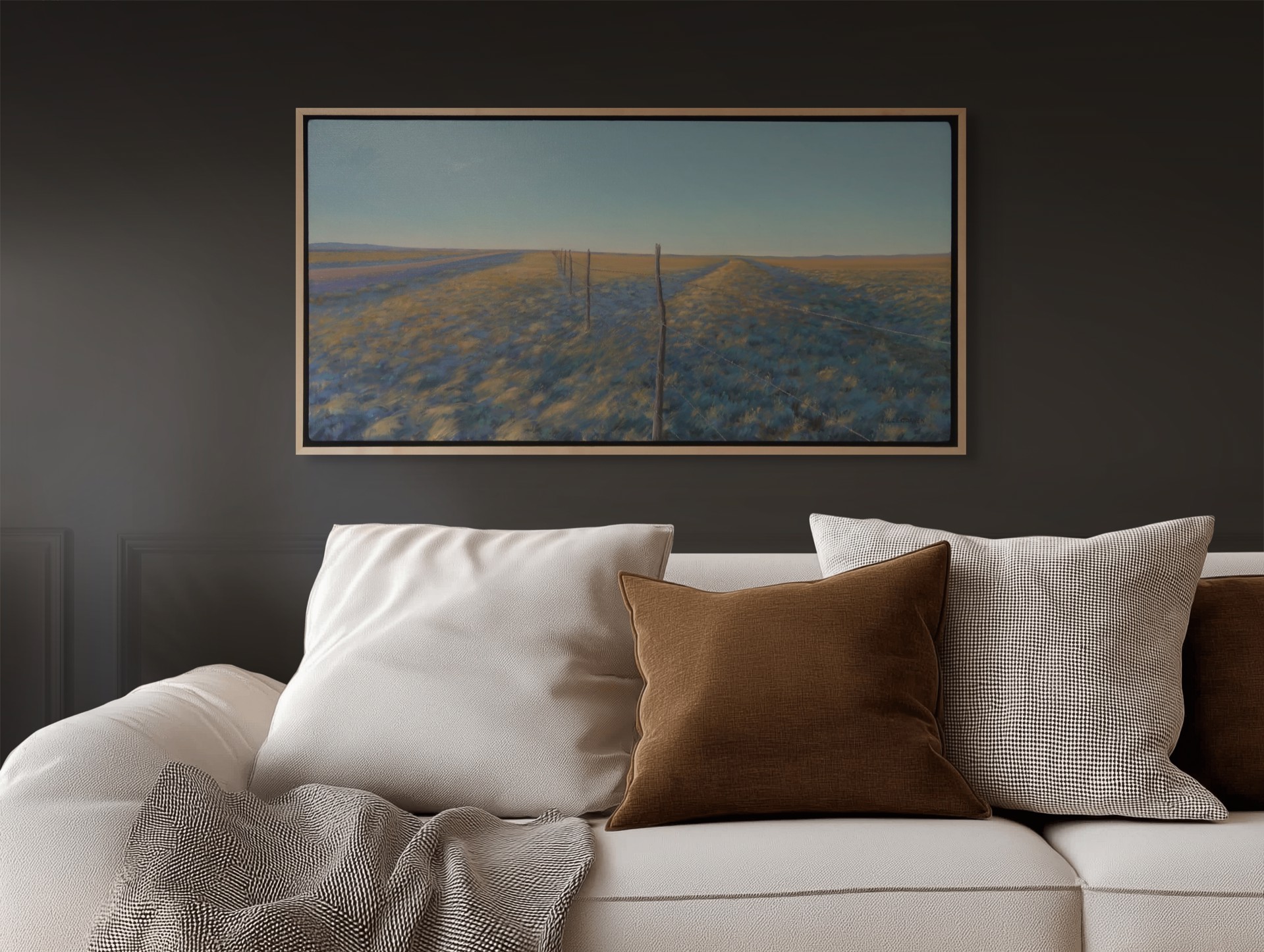 A painting of a field with a fence in the middle.