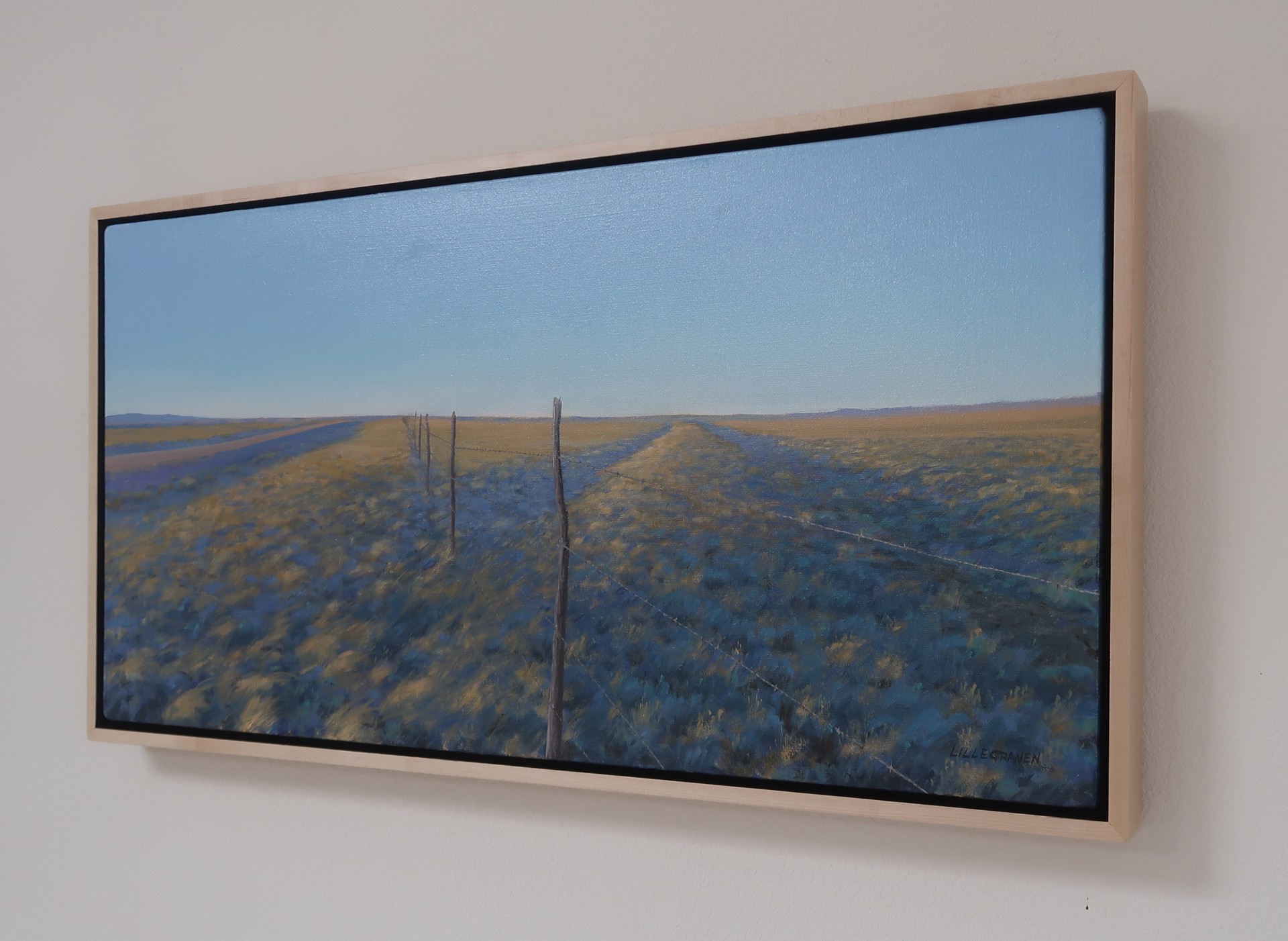 A painting of a field with a fence in the middle.