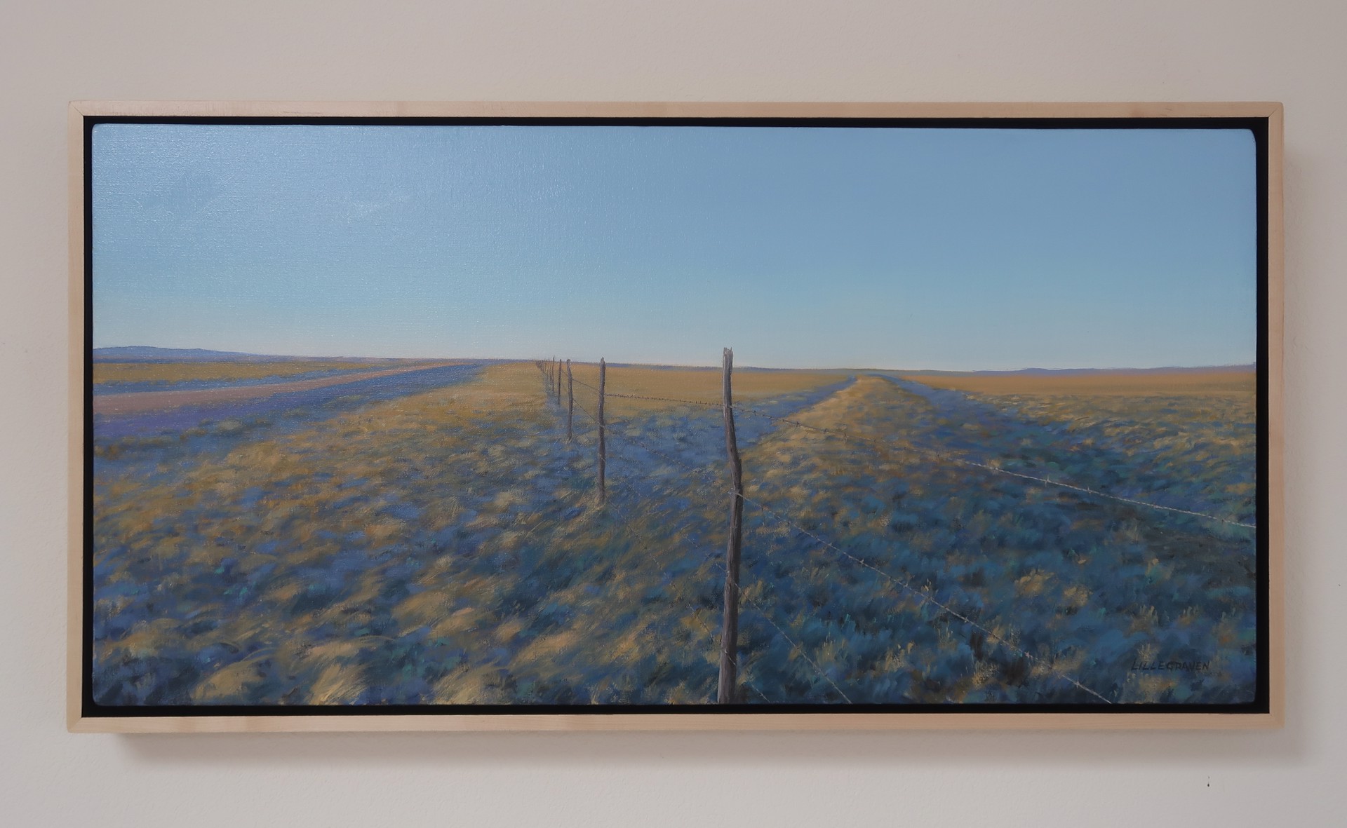 A painting of a field with a fence in the middle.