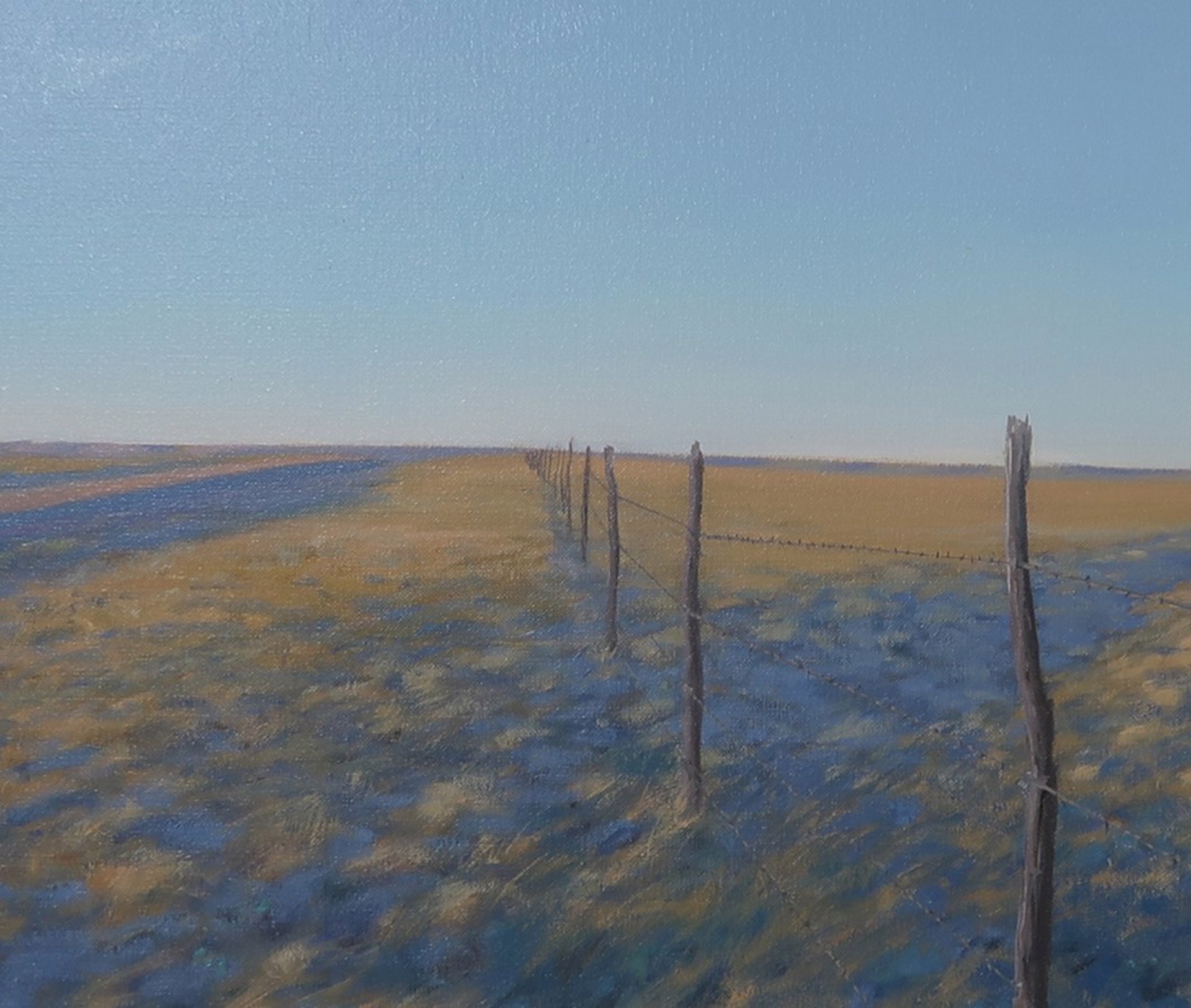 A painting of a field with a fence in the middle.