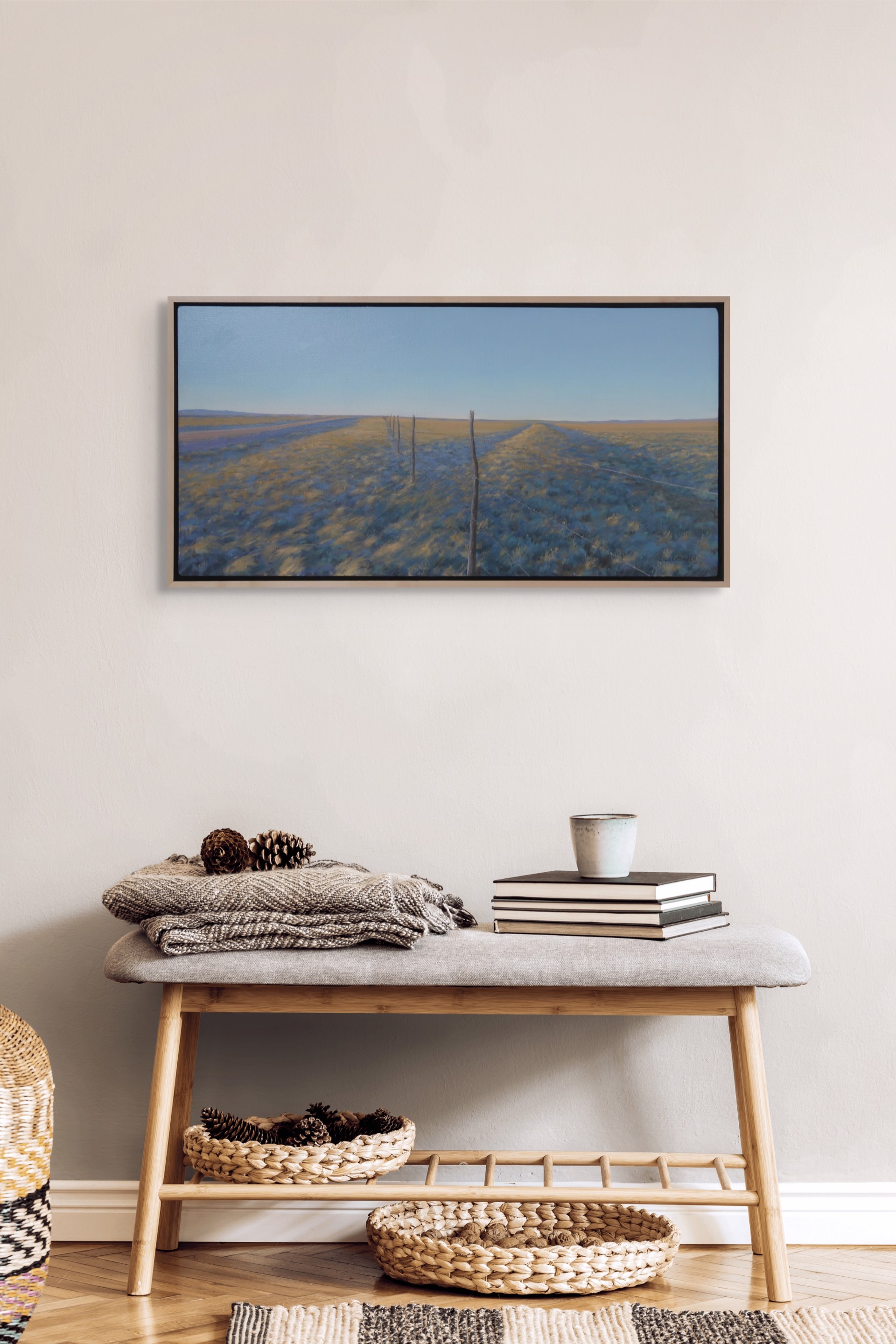 A painting of a field with a fence in the middle.
