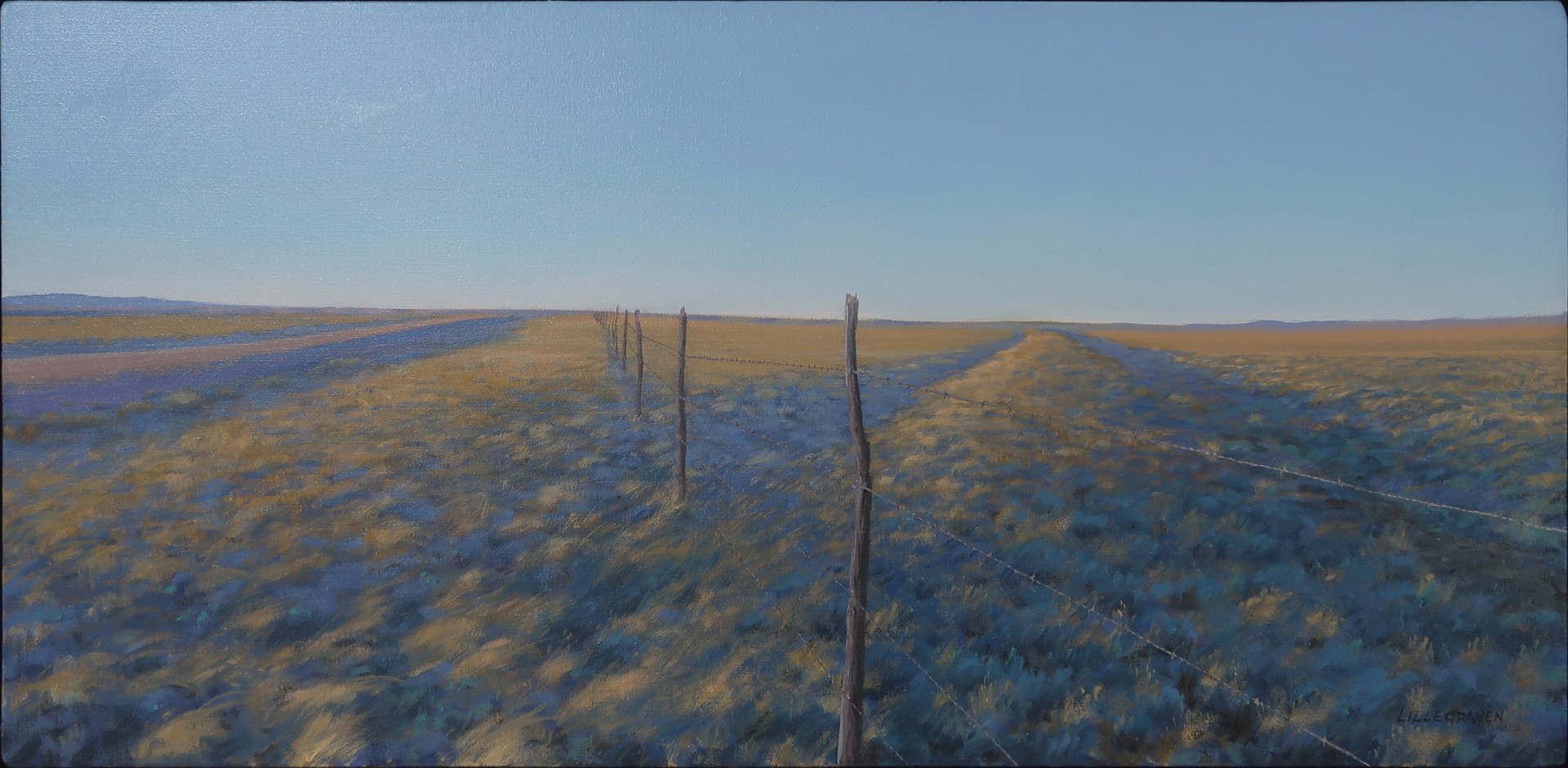 A painting of a field with a fence in the middle.