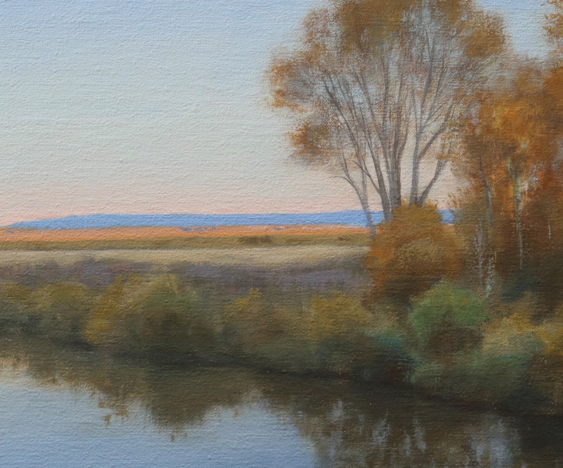 A serene landscape painting of a calm river reflecting autumn trees under a soft twilight sky.